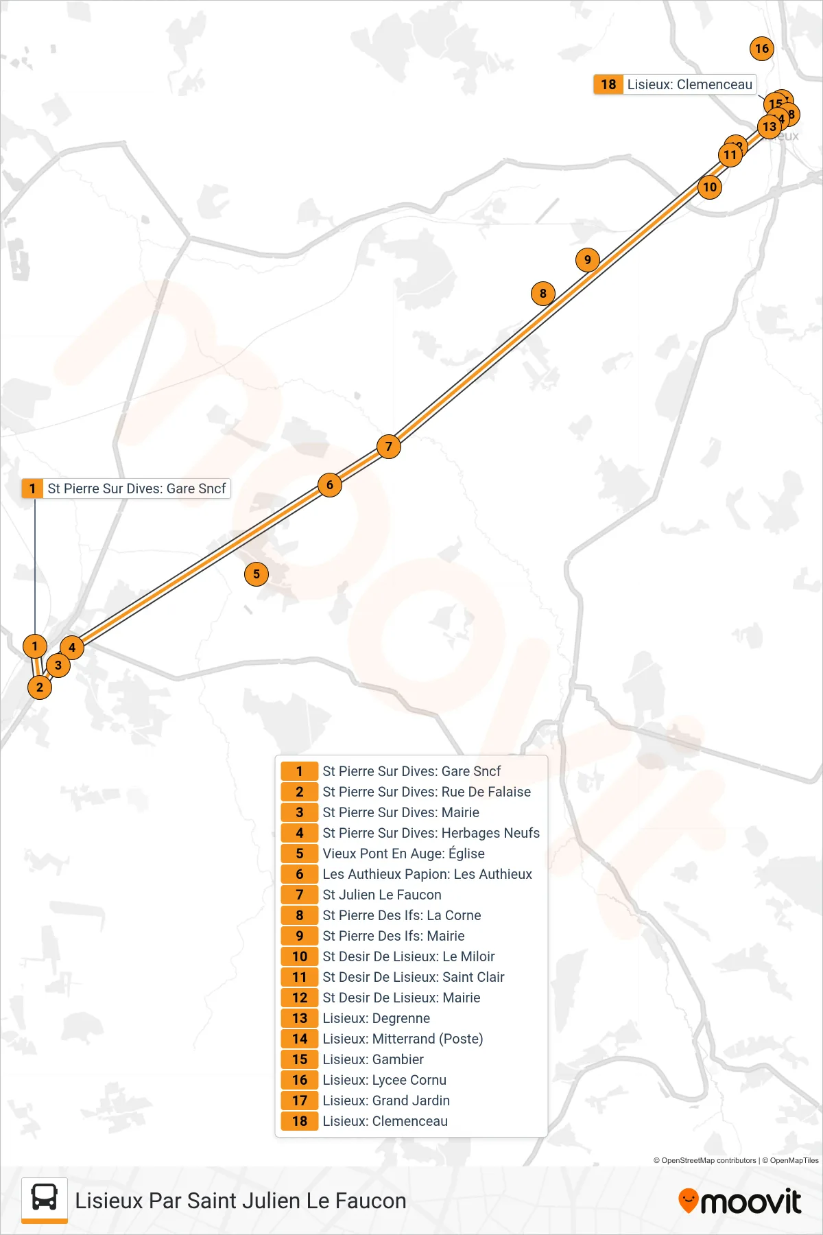 LIGNE 52 bus Line (Lisieux Par Saint Julien Le Faucon) route and stops on a map