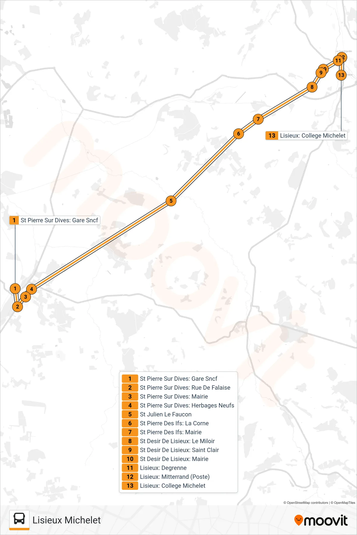 LIGNE 52 bus Line (Lisieux Michelet) route and stops on a map