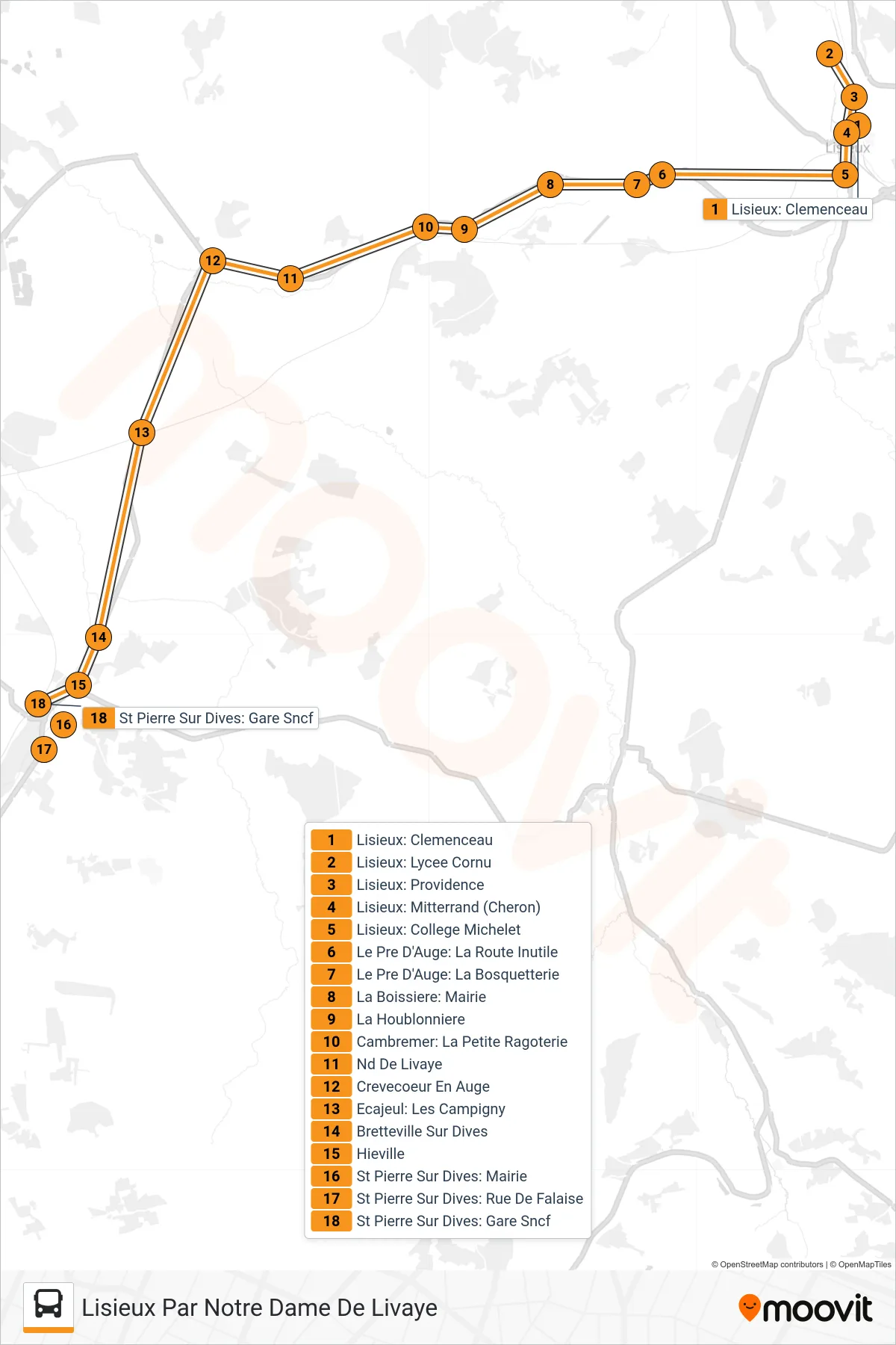LIGNE 52 bus Line (Lisieux Par Notre Dame De Livaye) route and stops on a map