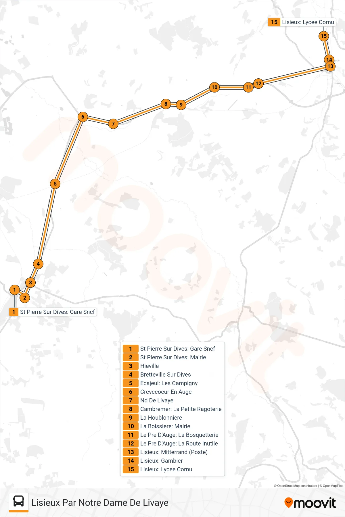 Tracé et arrêts de la ligne LIGNE 52 de bus (Lisieux Par Notre Dame De Livaye) sur une carte