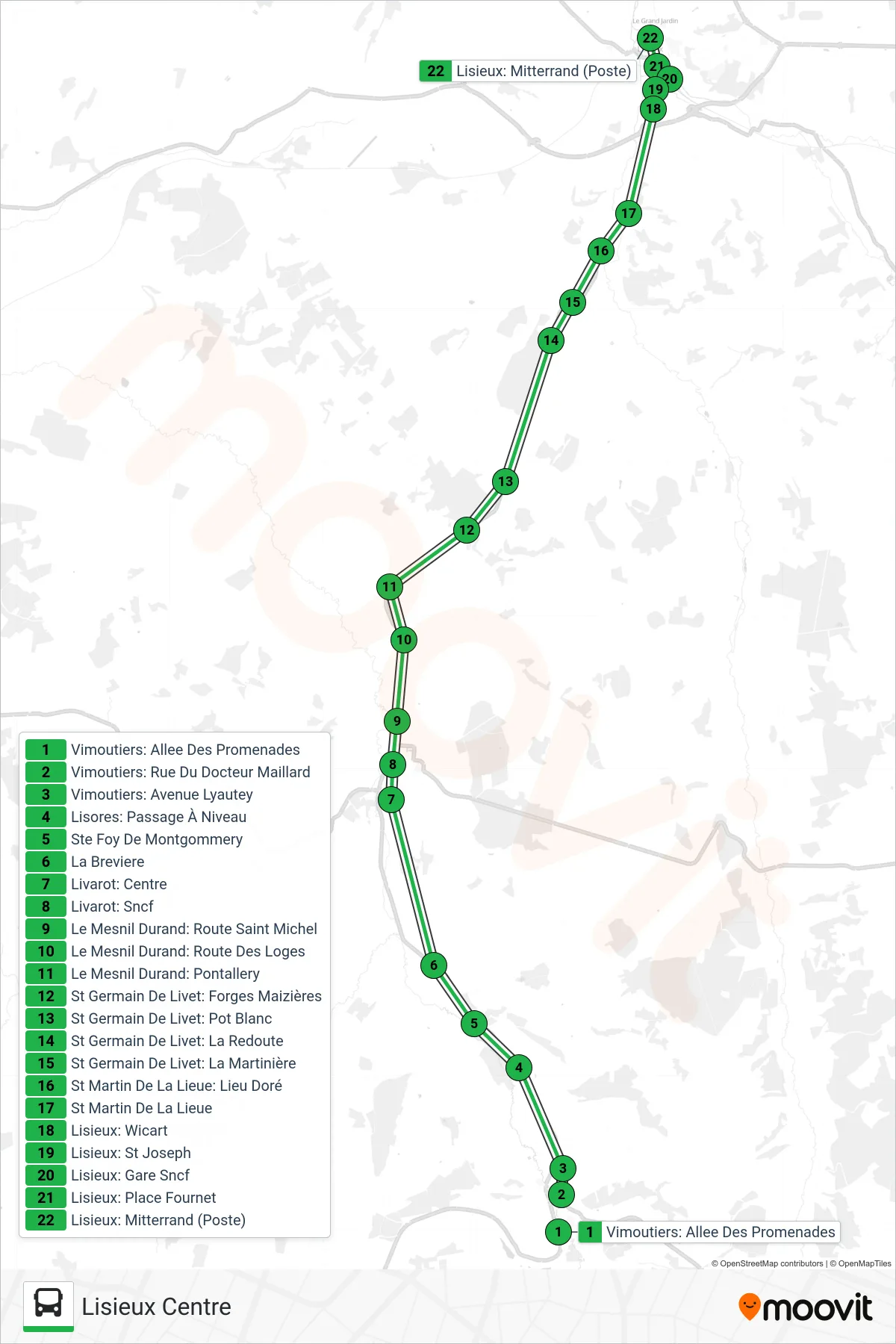 LIGNE 53 bus Line (Lisieux Centre) route and stops on a map