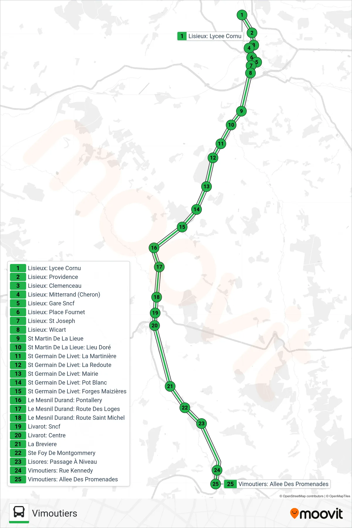 Tracé et arrêts de la ligne LIGNE 53 de bus (Vimoutiers) sur une carte