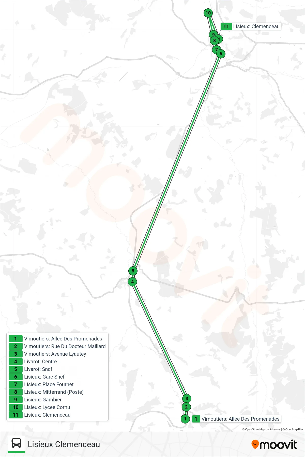 LIGNE 53 bus Line (Lisieux Clemenceau) route and stops on a map