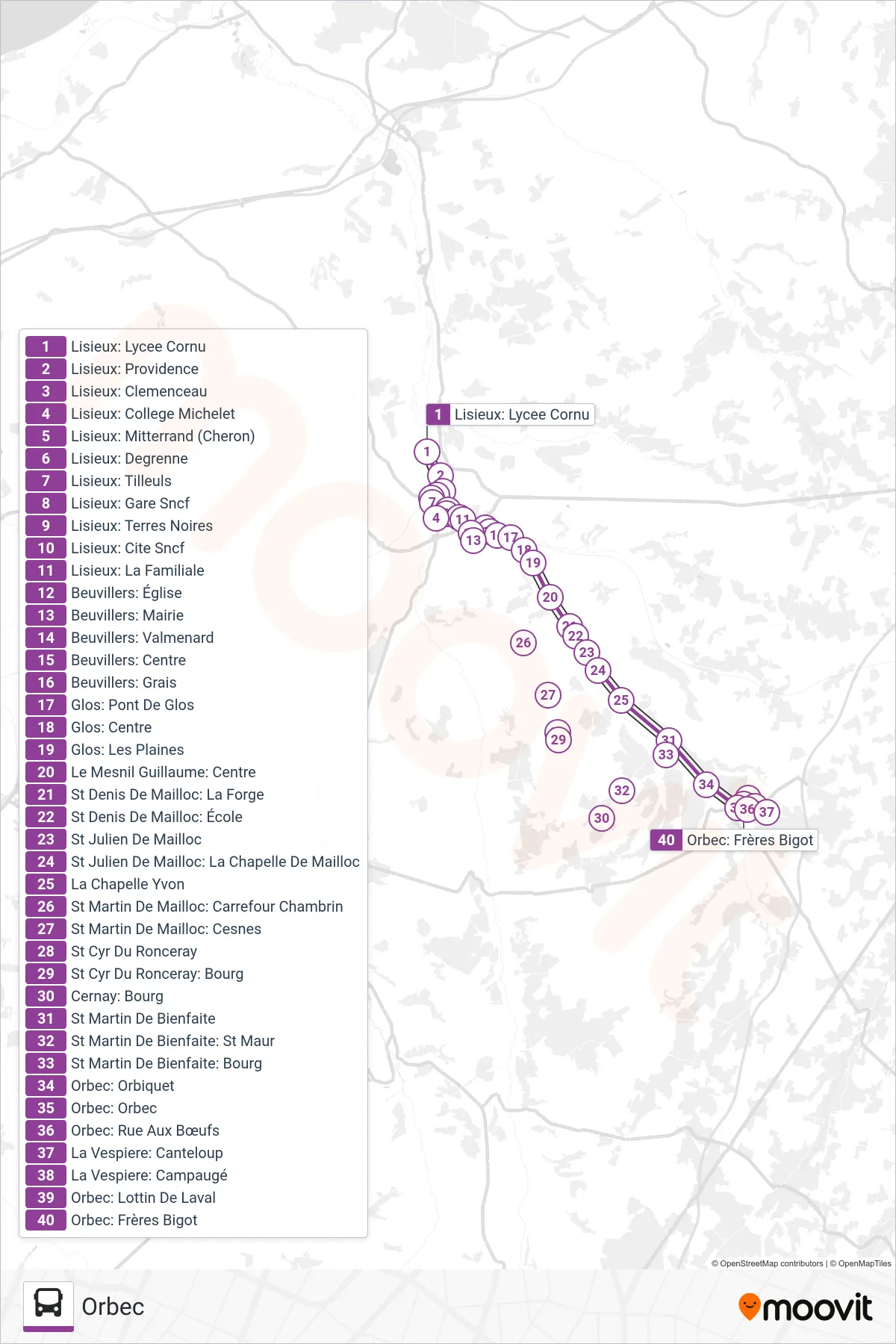 Tracé et arrêts de la ligne LIGNE 56 de bus (Orbec) sur une carte