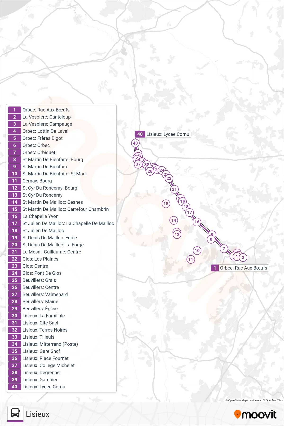 LIGNE 56 bus Line (Lisieux) route and stops on a map