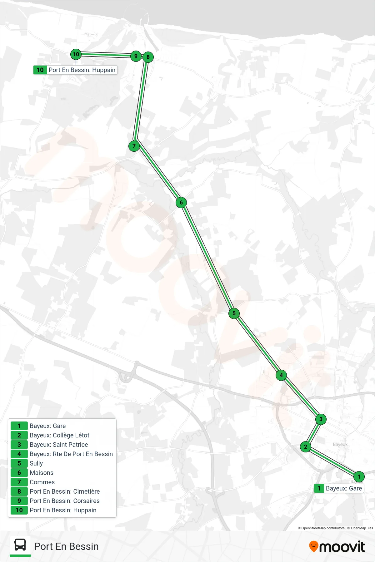 LIGNE 70 bus Line (Port En Bessin) route and stops on a map