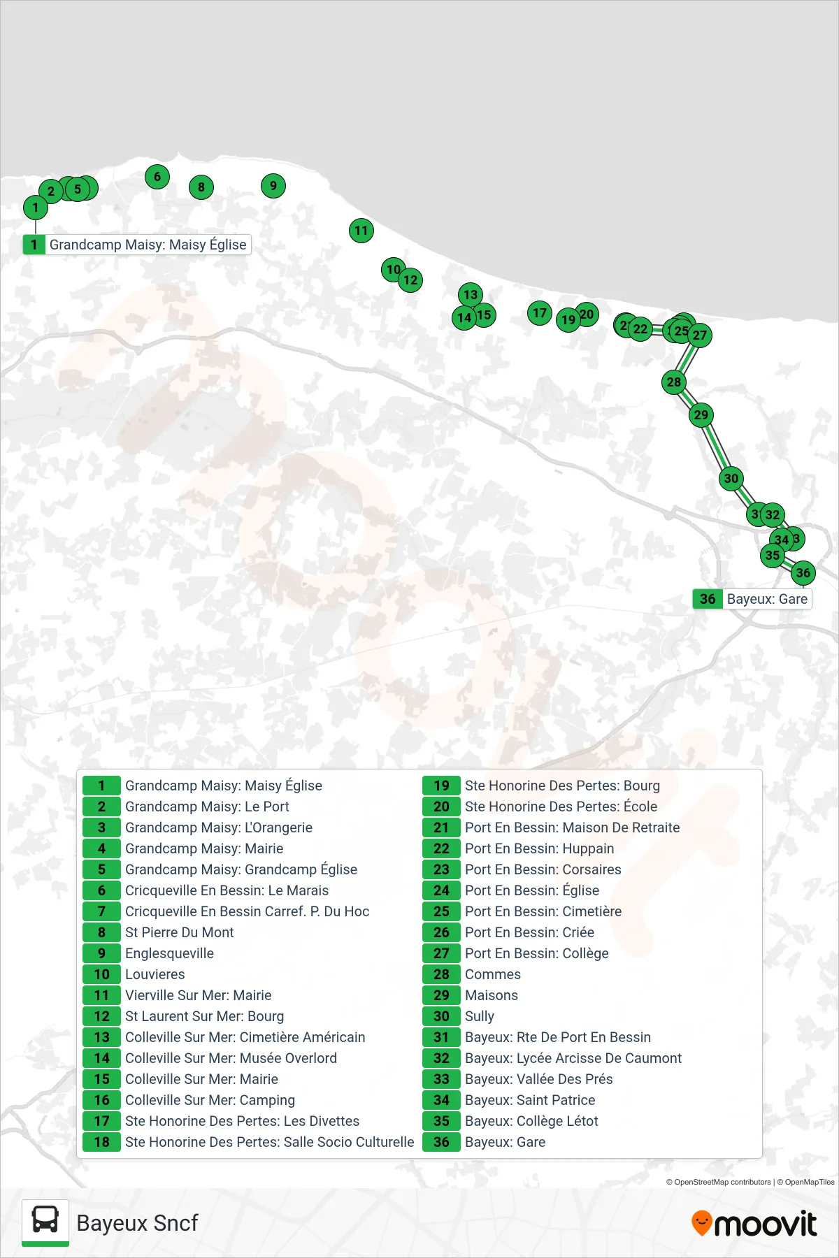 LIGNE 70 bus Line (Bayeux Sncf) route and stops on a map