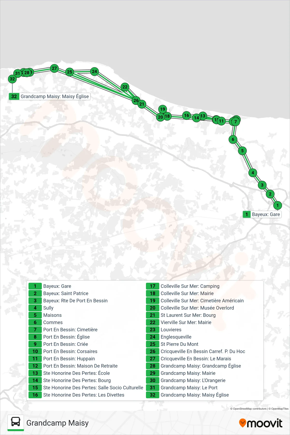 LIGNE 70 bus Line (Grandcamp Maisy) route and stops on a map