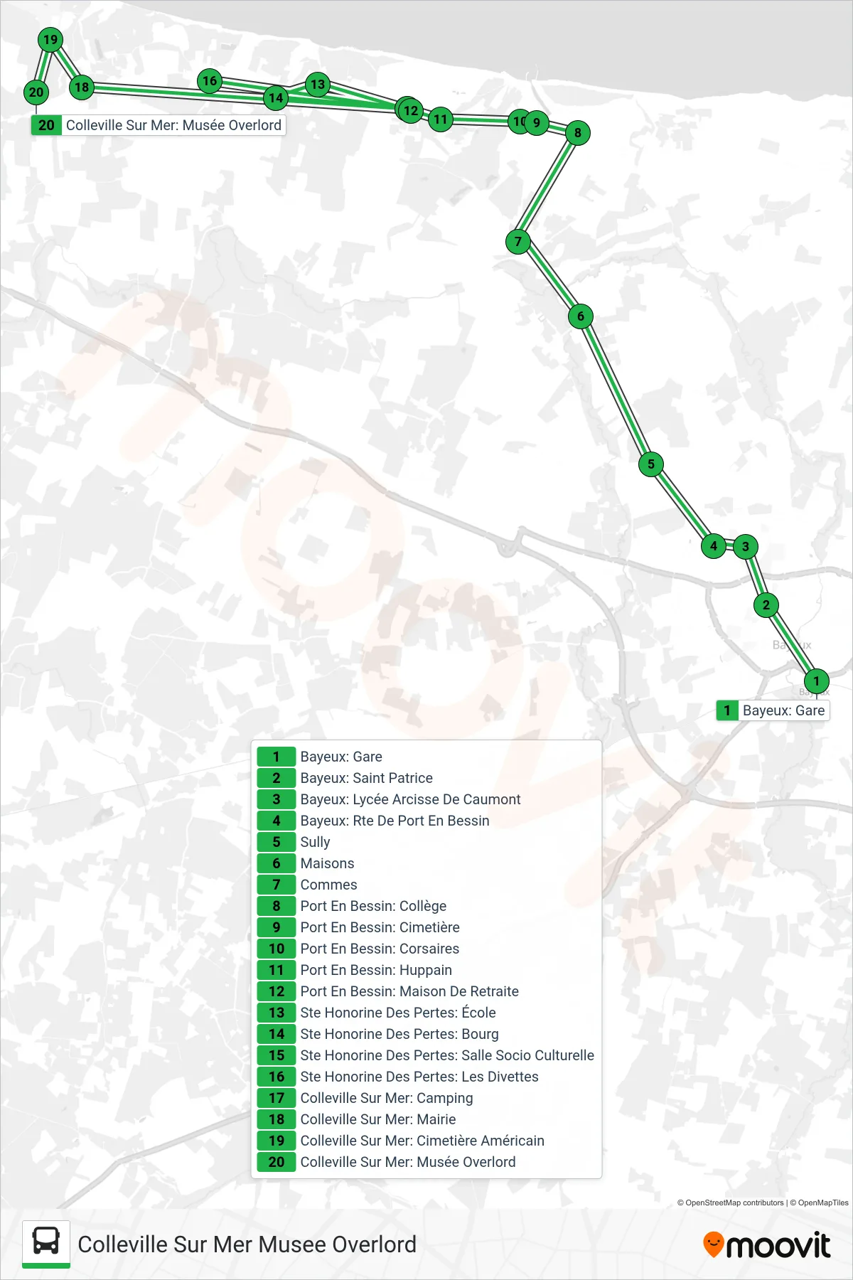 LIGNE 70 bus Line (Colleville Sur Mer Musee Overlord) route and stops on a map