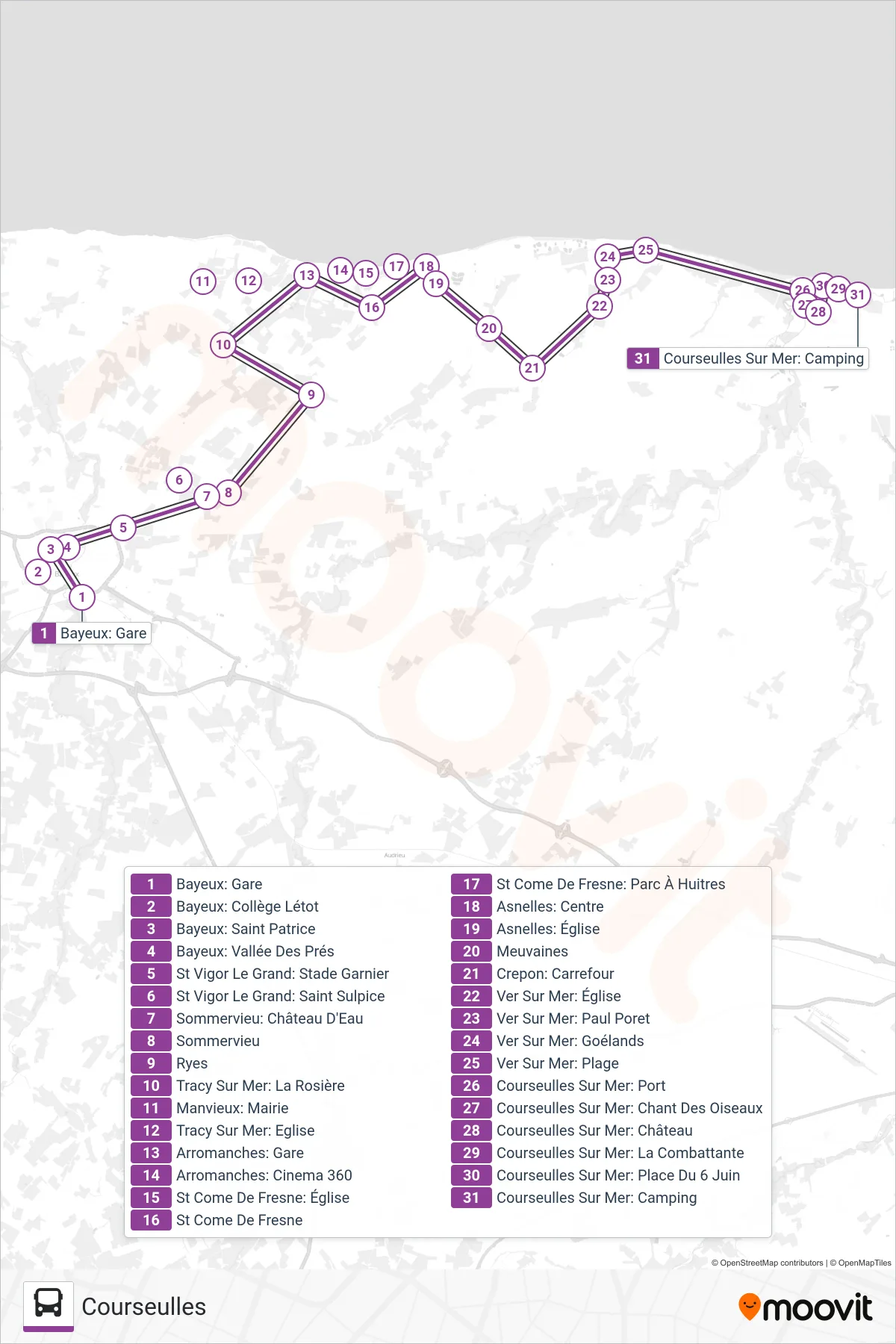 Tracé et arrêts de la ligne LIGNE 74 de bus (Courseulles) sur une carte
