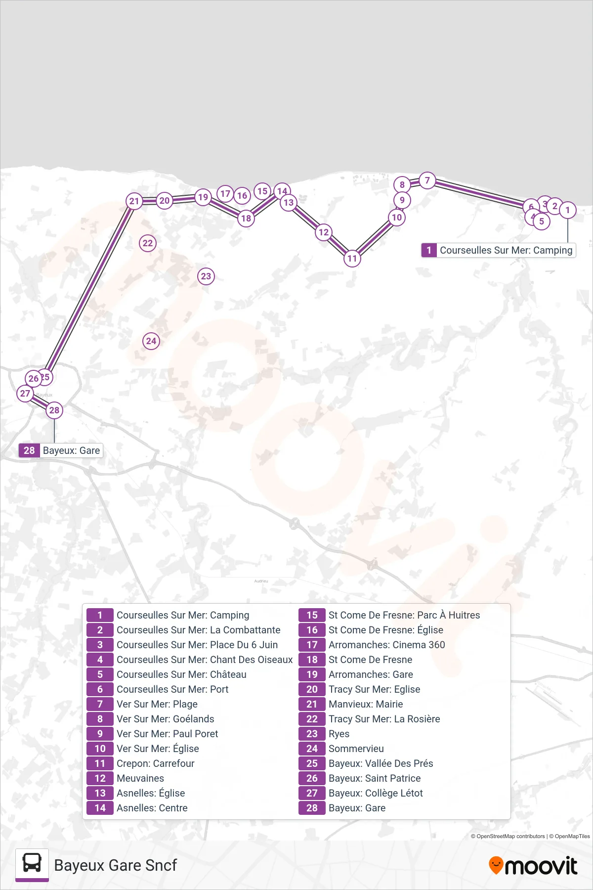 LIGNE 74 bus Line (Bayeux Gare Sncf) route and stops on a map
