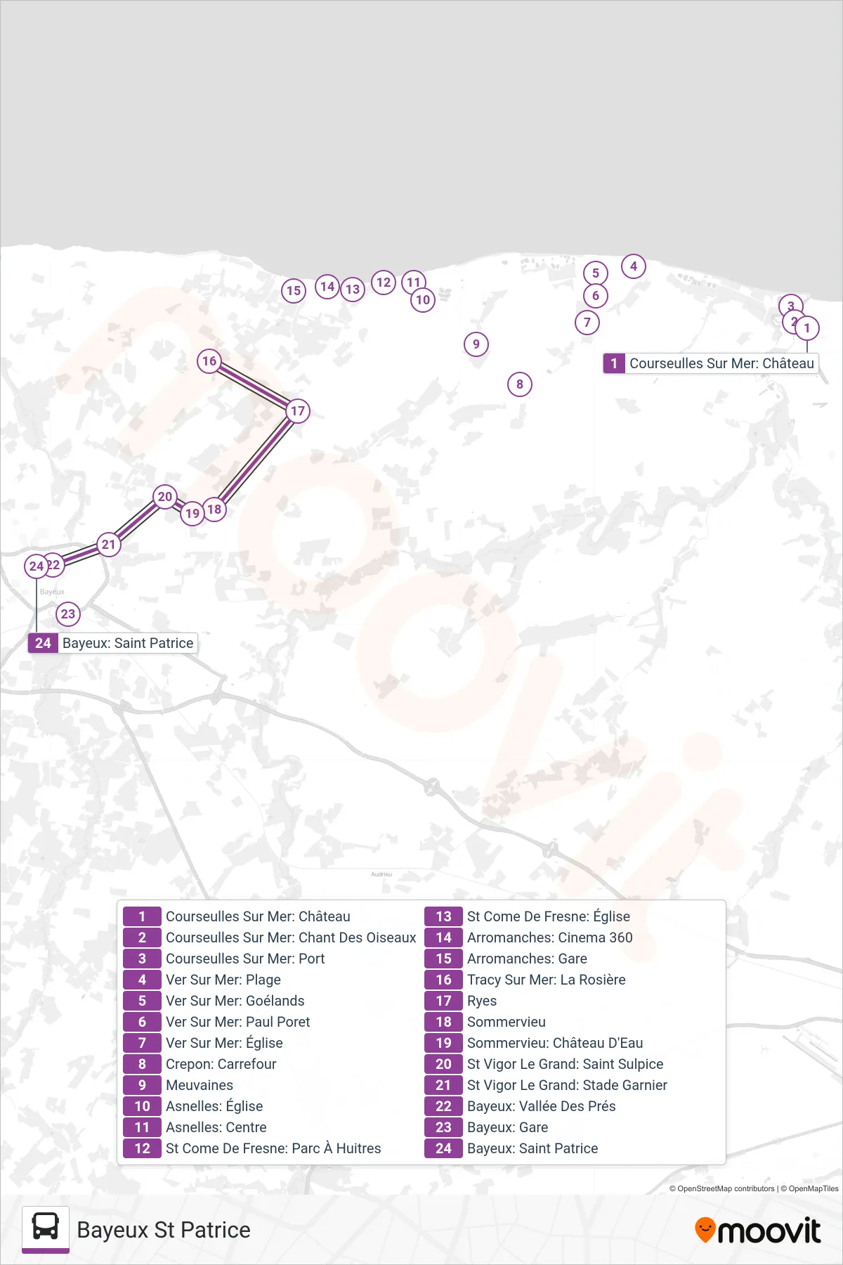 LIGNE 74 bus Line (Bayeux  St Patrice) route and stops on a map