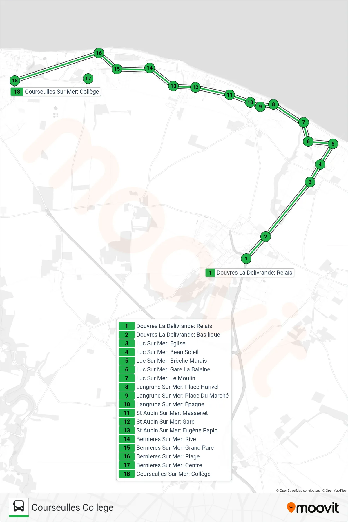 Tracé et arrêts de la ligne LIGNE 103 de bus (Courseulles College) sur une carte
