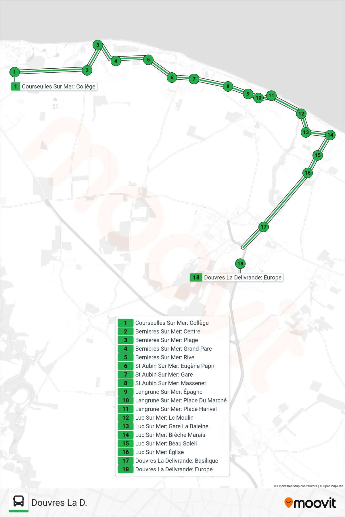 LIGNE 103 bus Line (Douvres La D.) route and stops on a map