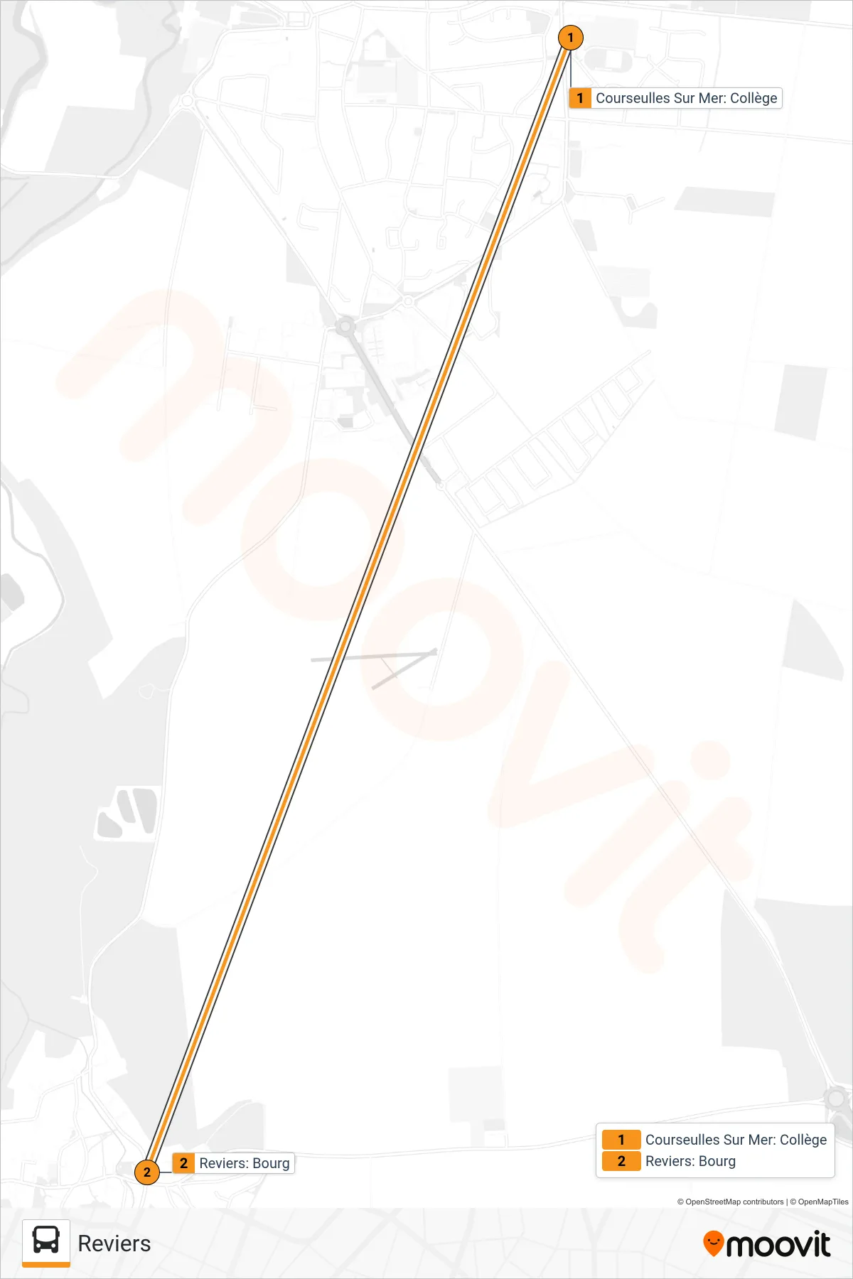 LIGNE 104 bus Line (Reviers) route and stops on a map