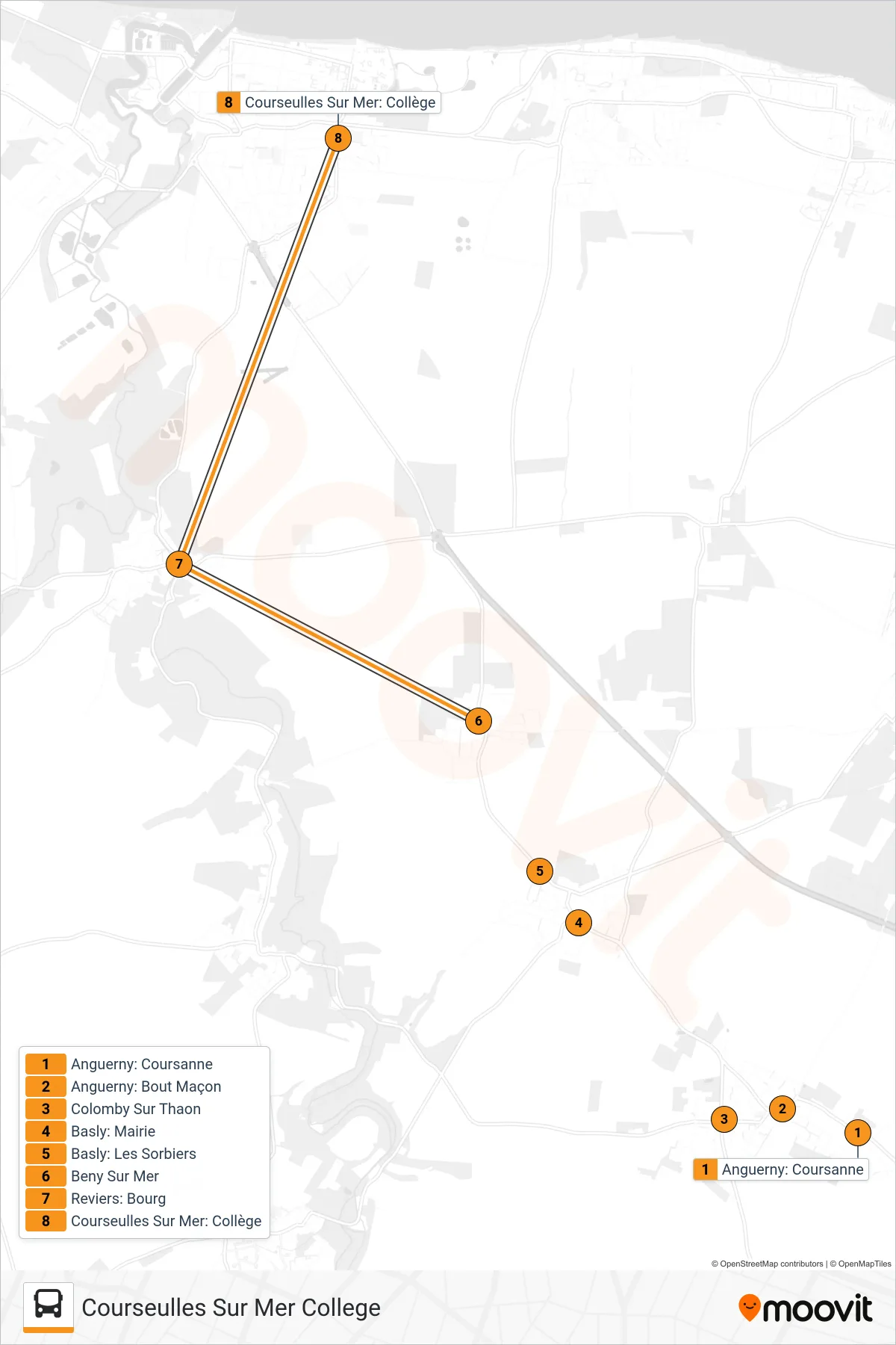 Tracé et arrêts de la ligne LIGNE 104 de bus (Courseulles Sur Mer College) sur une carte