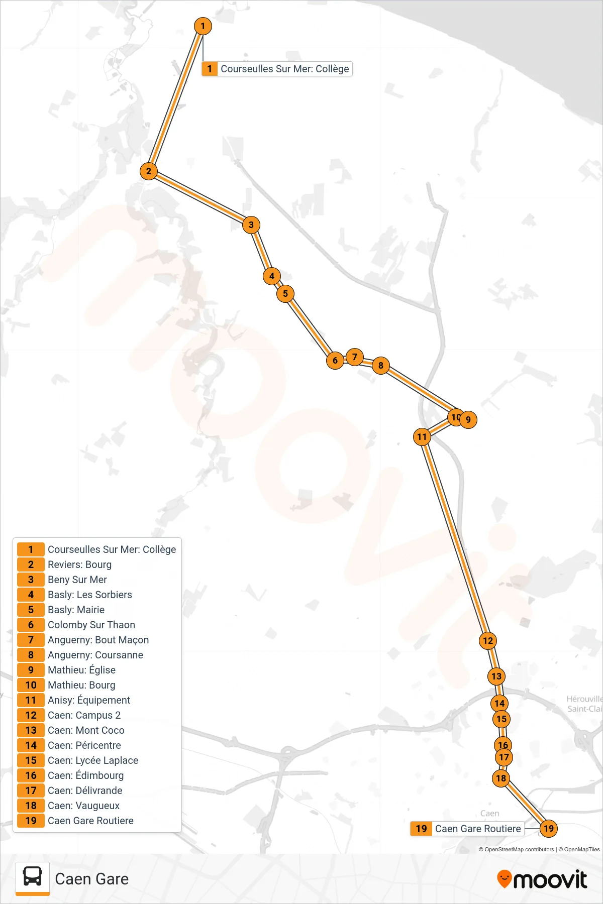 LIGNE 104 bus Line (Caen Gare) route and stops on a map