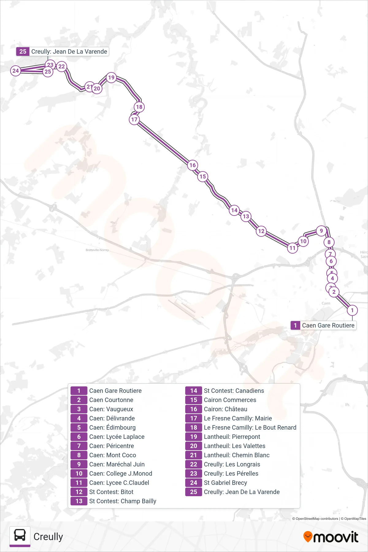 LIGNE 106 bus Line (Creully) route and stops on a map