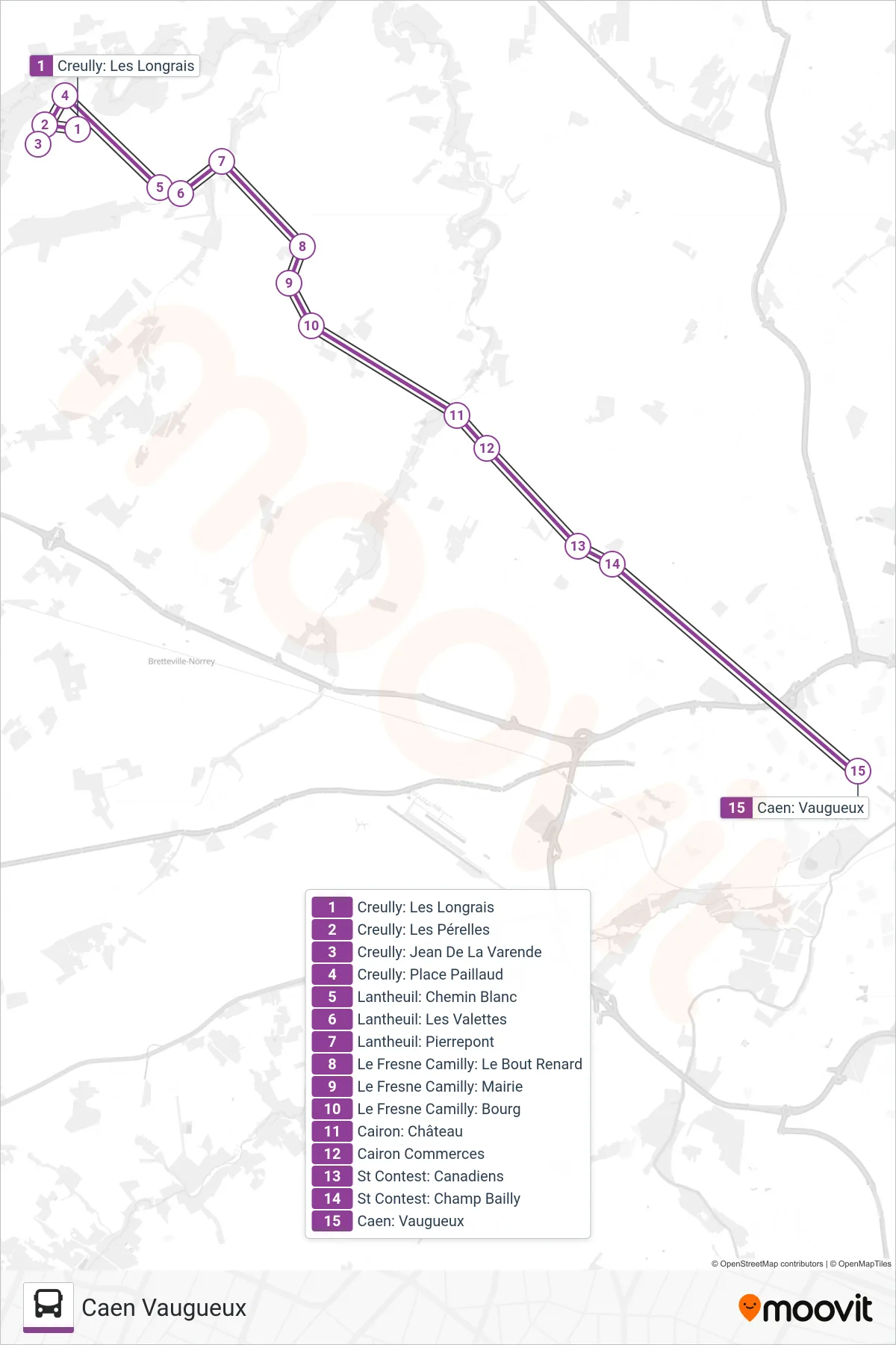 Tracé et arrêts de la ligne LIGNE 106 de bus (Caen Vaugueux) sur une carte
