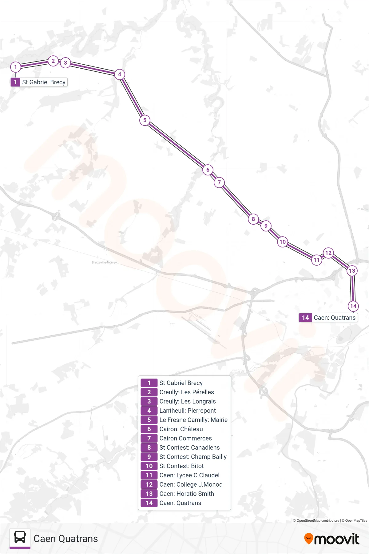 LIGNE 106 bus Line (Caen Quatrans) route and stops on a map