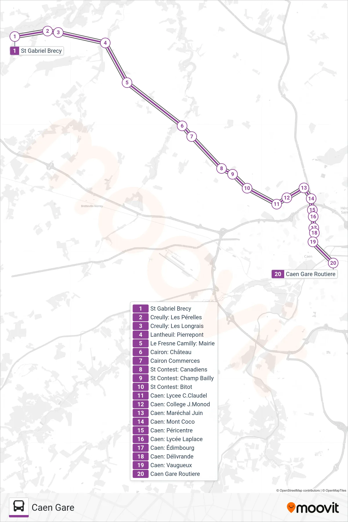 LIGNE 106 bus Line (Caen Gare) route and stops on a map