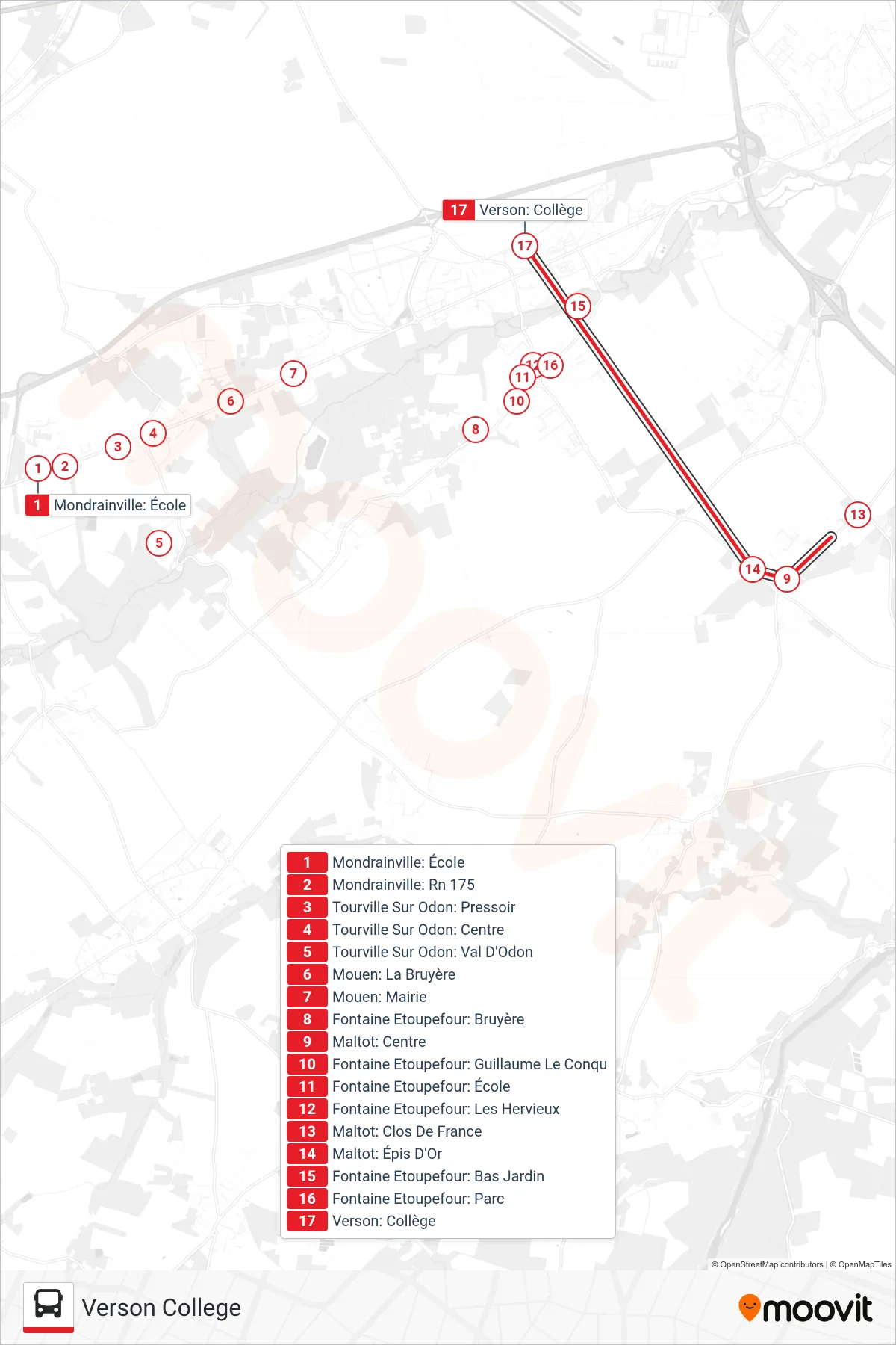 LIGNE 109 bus Line (Verson College) route and stops on a map