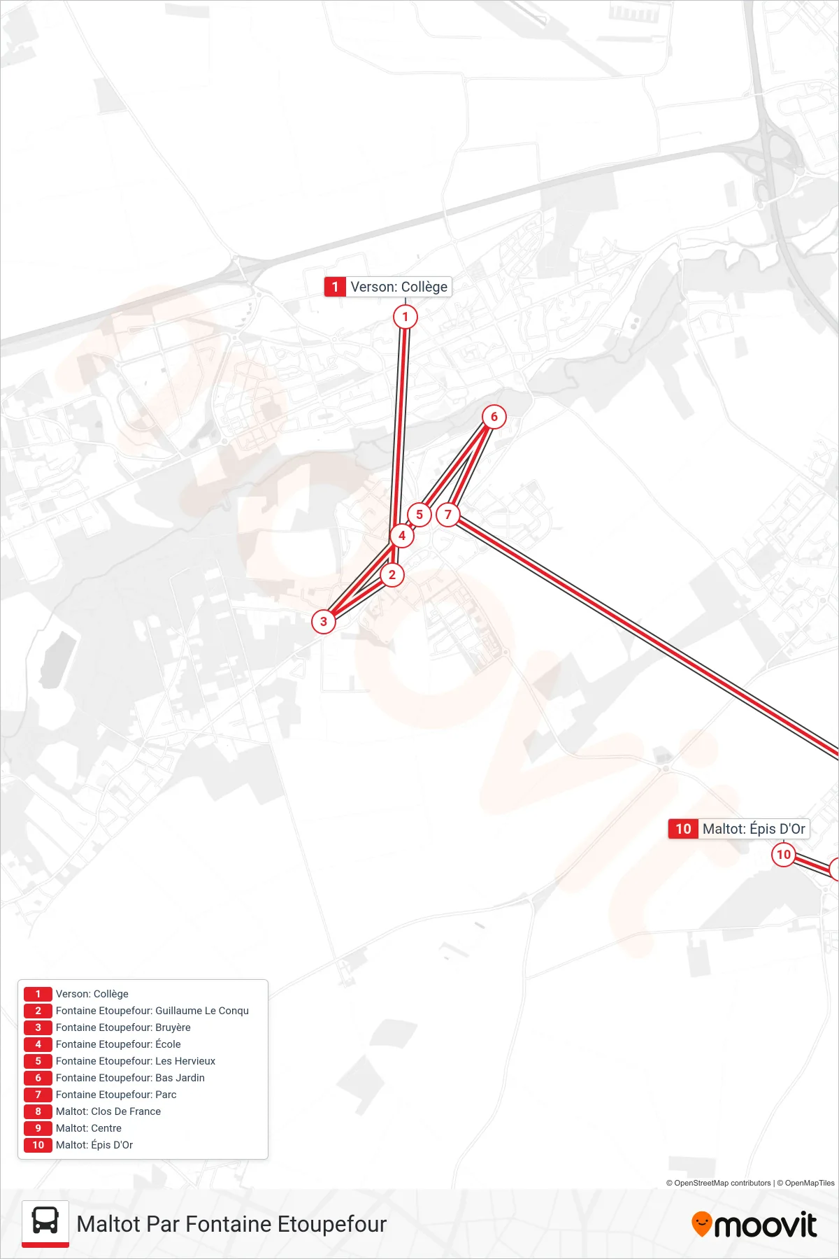 Tracé et arrêts de la ligne LIGNE 109 de bus (Maltot Par Fontaine Etoupefour) sur une carte