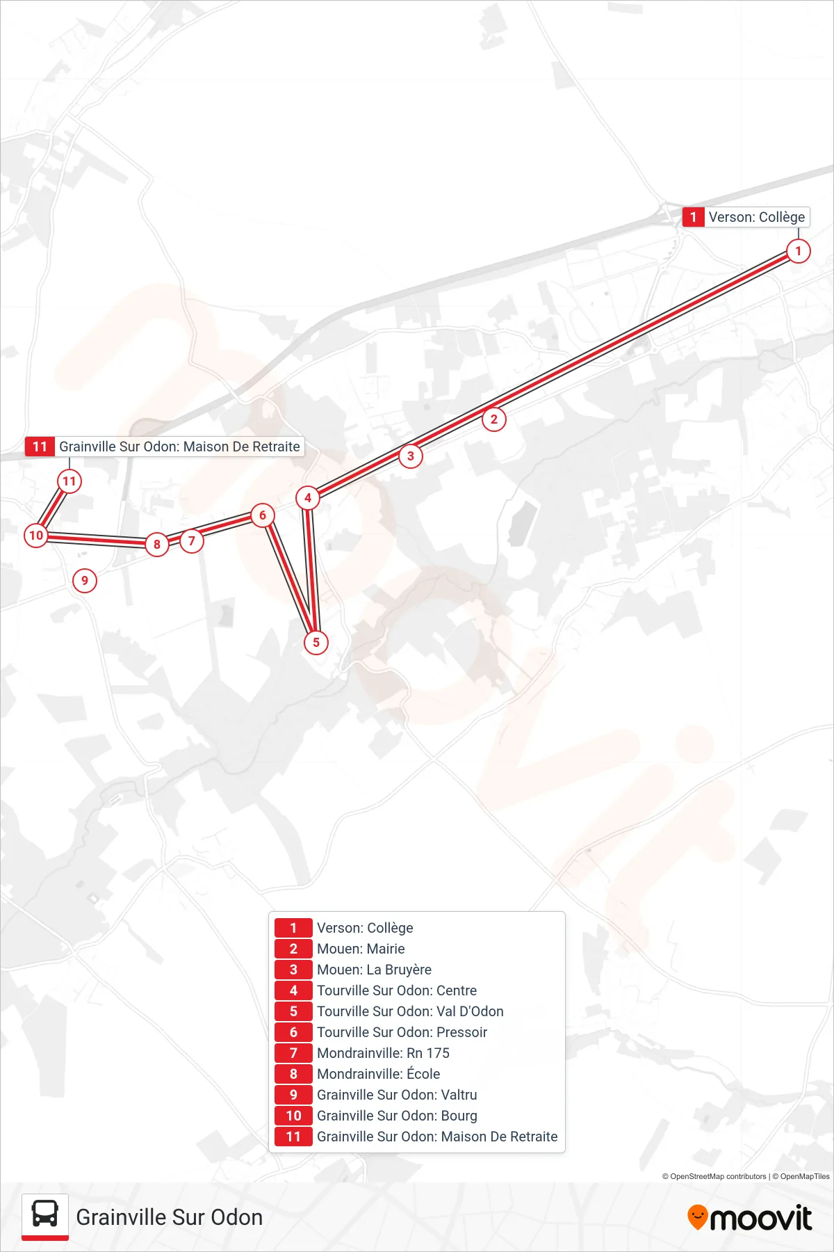 LIGNE 109 bus Line (Grainville Sur Odon) route and stops on a map