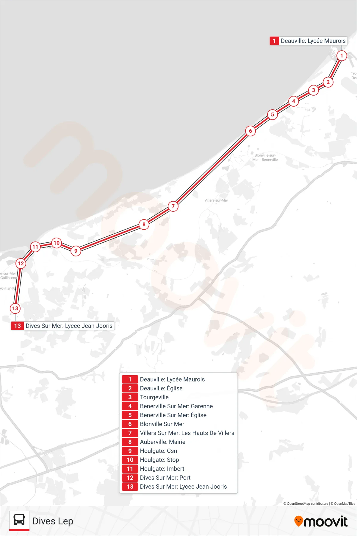 LIGNE 120 bus Line (Dives Lep) route and stops on a map