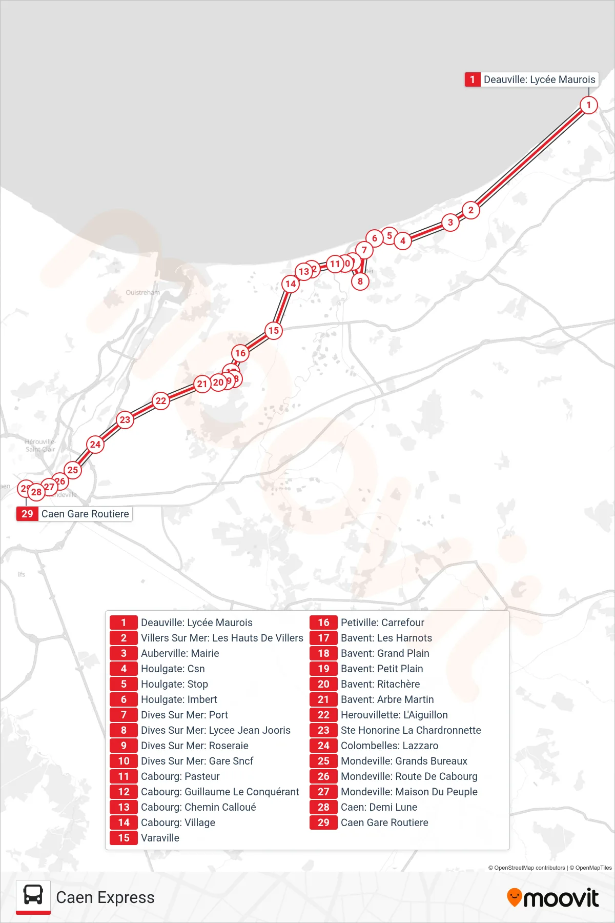 LIGNE 120 bus Line (Caen Express) route and stops on a map