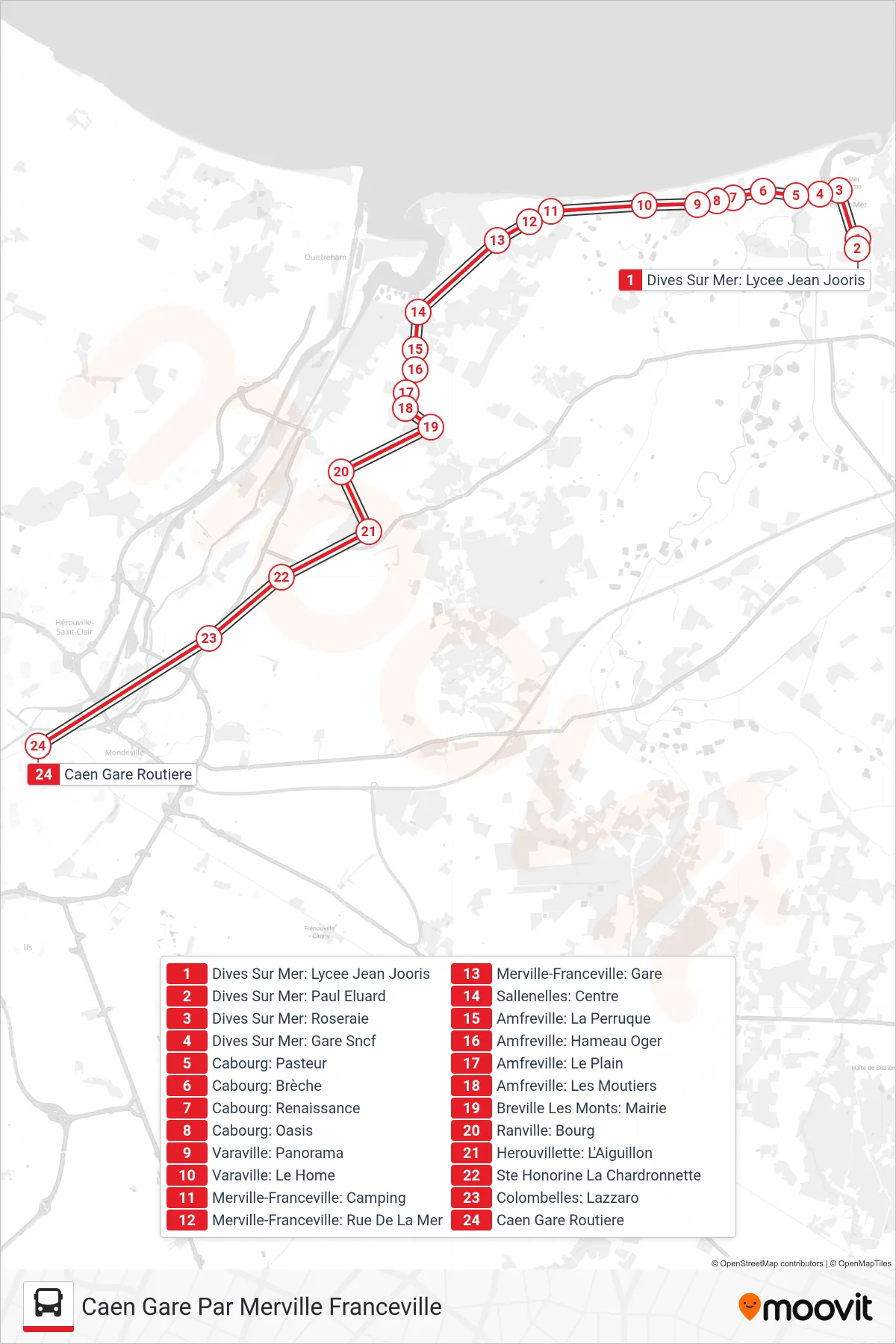 LIGNE 120 bus Line (Caen Gare Par Merville Franceville) route and stops on a map