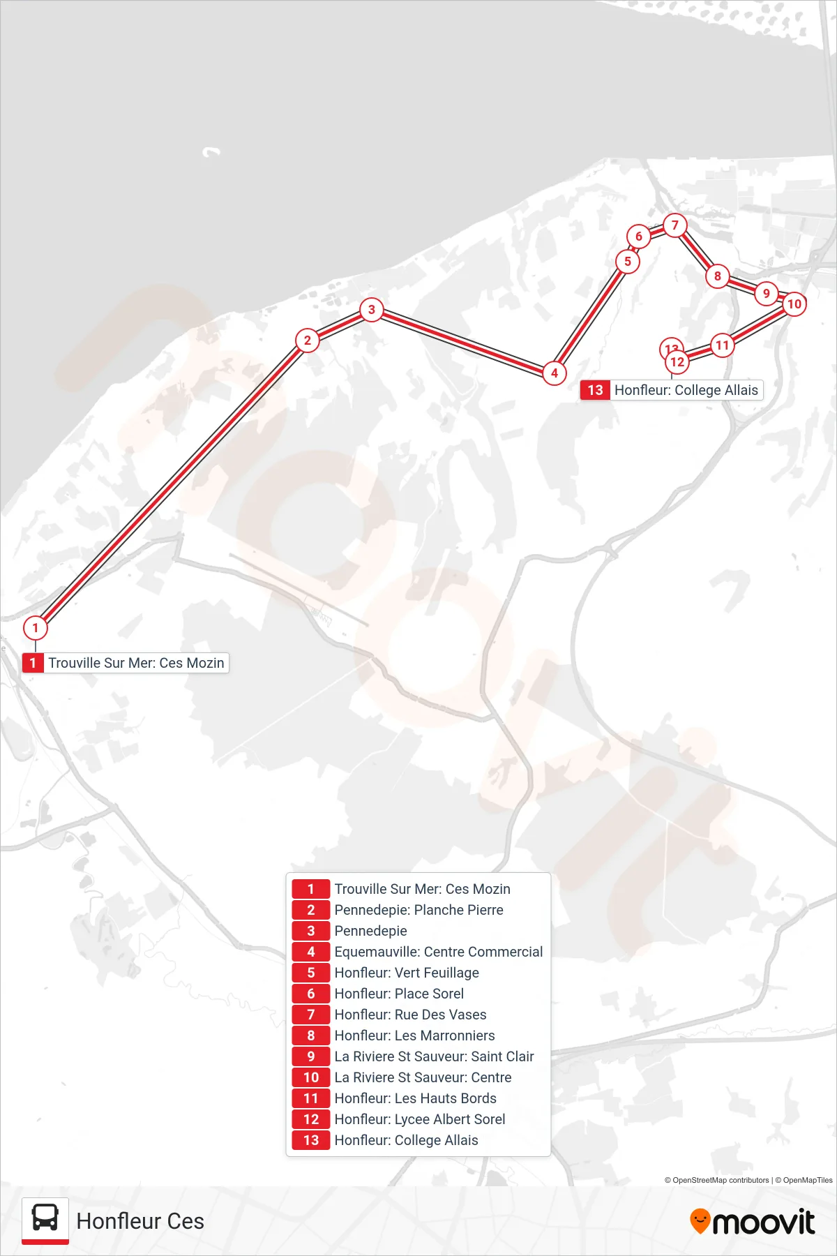 LIGNE 120 bus Line (Honfleur Ces) route and stops on a map