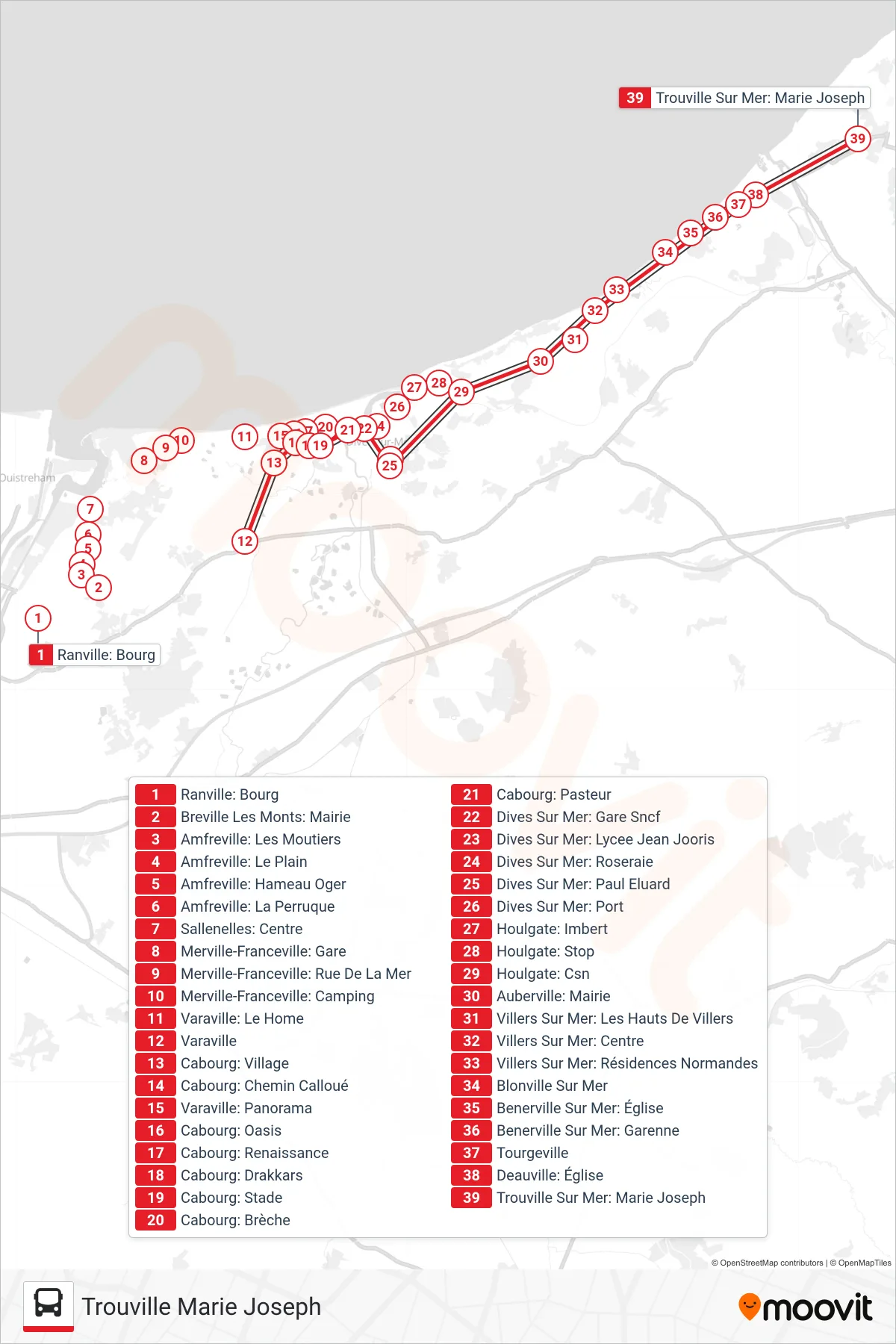 LIGNE 120 bus Line (Trouville Marie Joseph) route and stops on a map