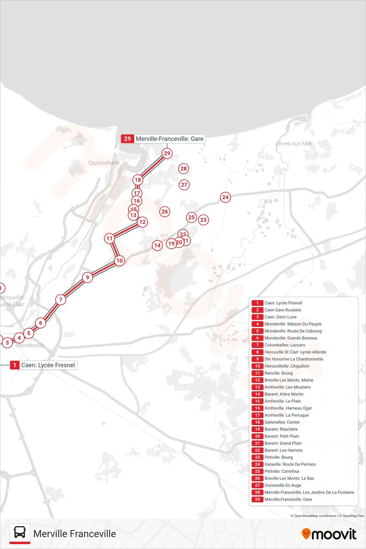 LIGNE 120 bus Line (Merville Franceville) route and stops on a map