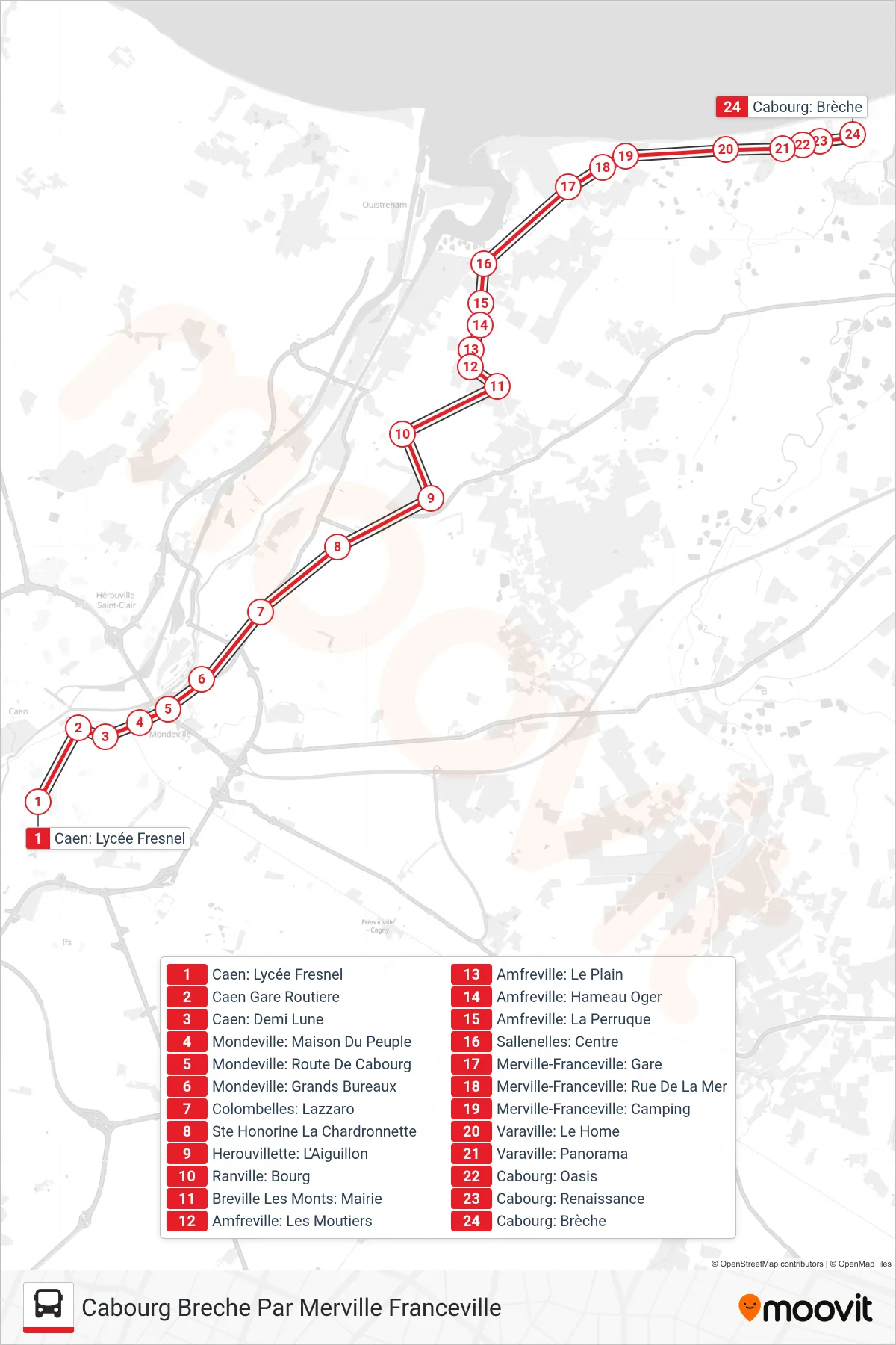 Tracé et arrêts de la ligne LIGNE 120 de bus (Cabourg Breche Par Merville Franceville) sur une carte