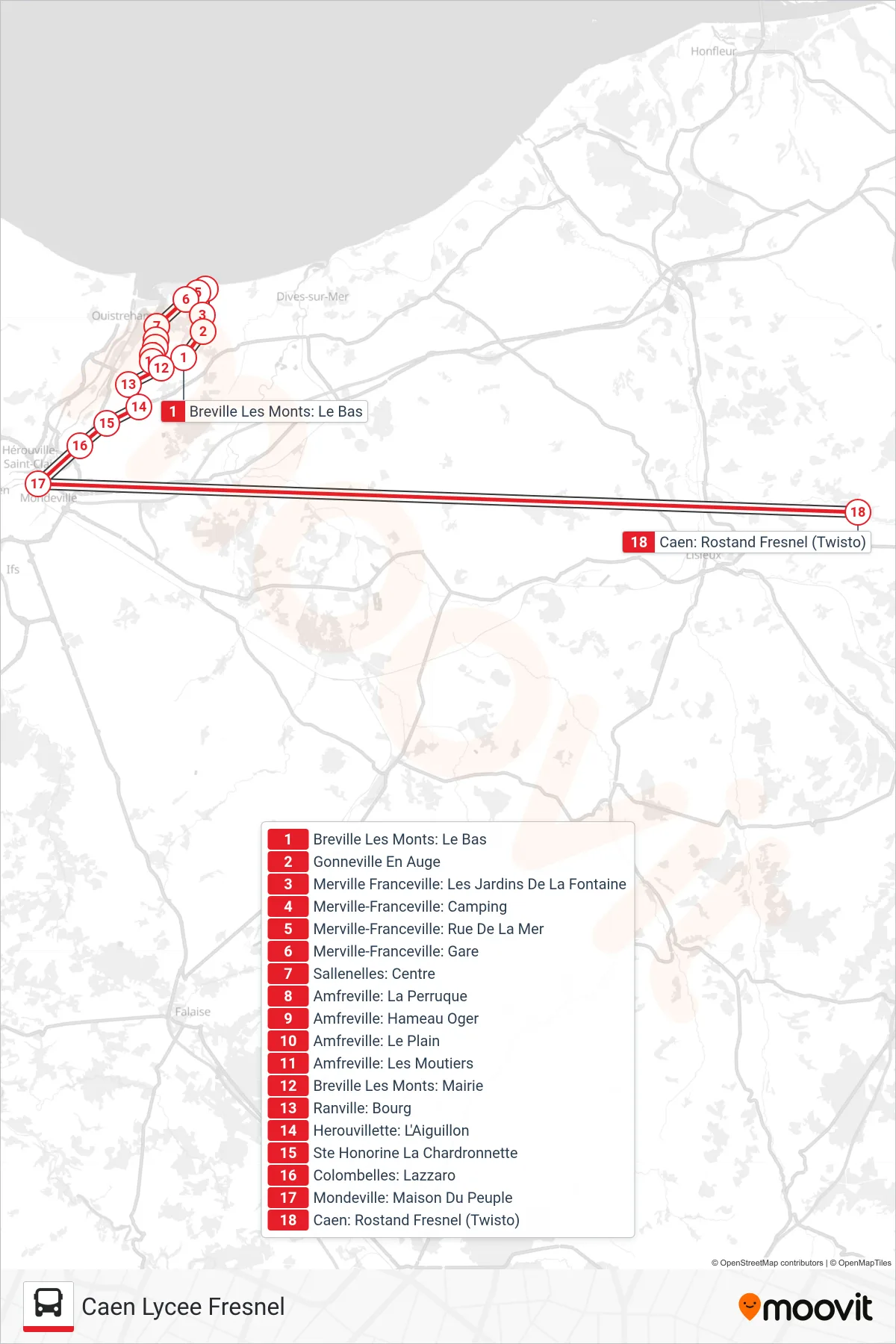 LIGNE 120 bus Line (Caen Lycee Fresnel) route and stops on a map