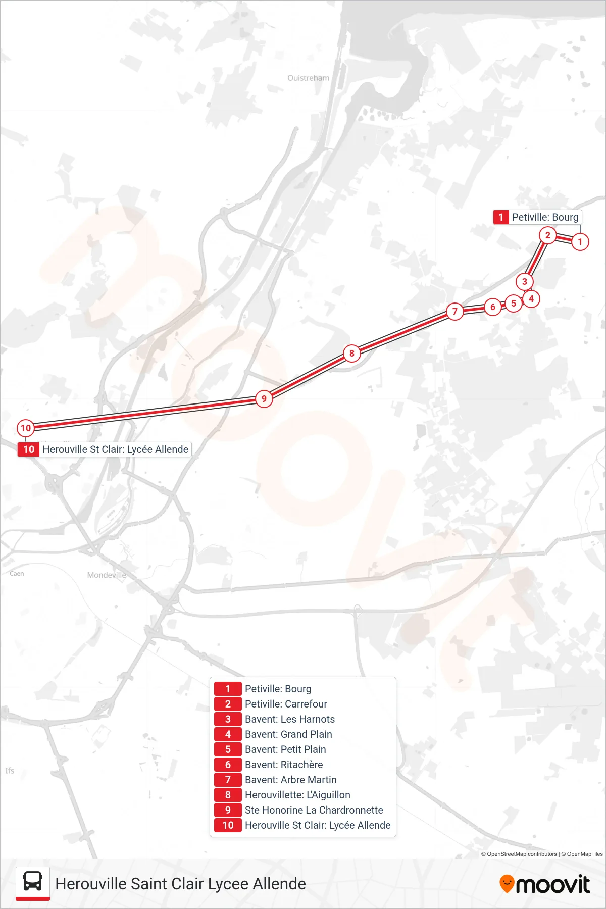 LIGNE 120 bus Line (Herouville Saint Clair Lycee Allende) route and stops on a map