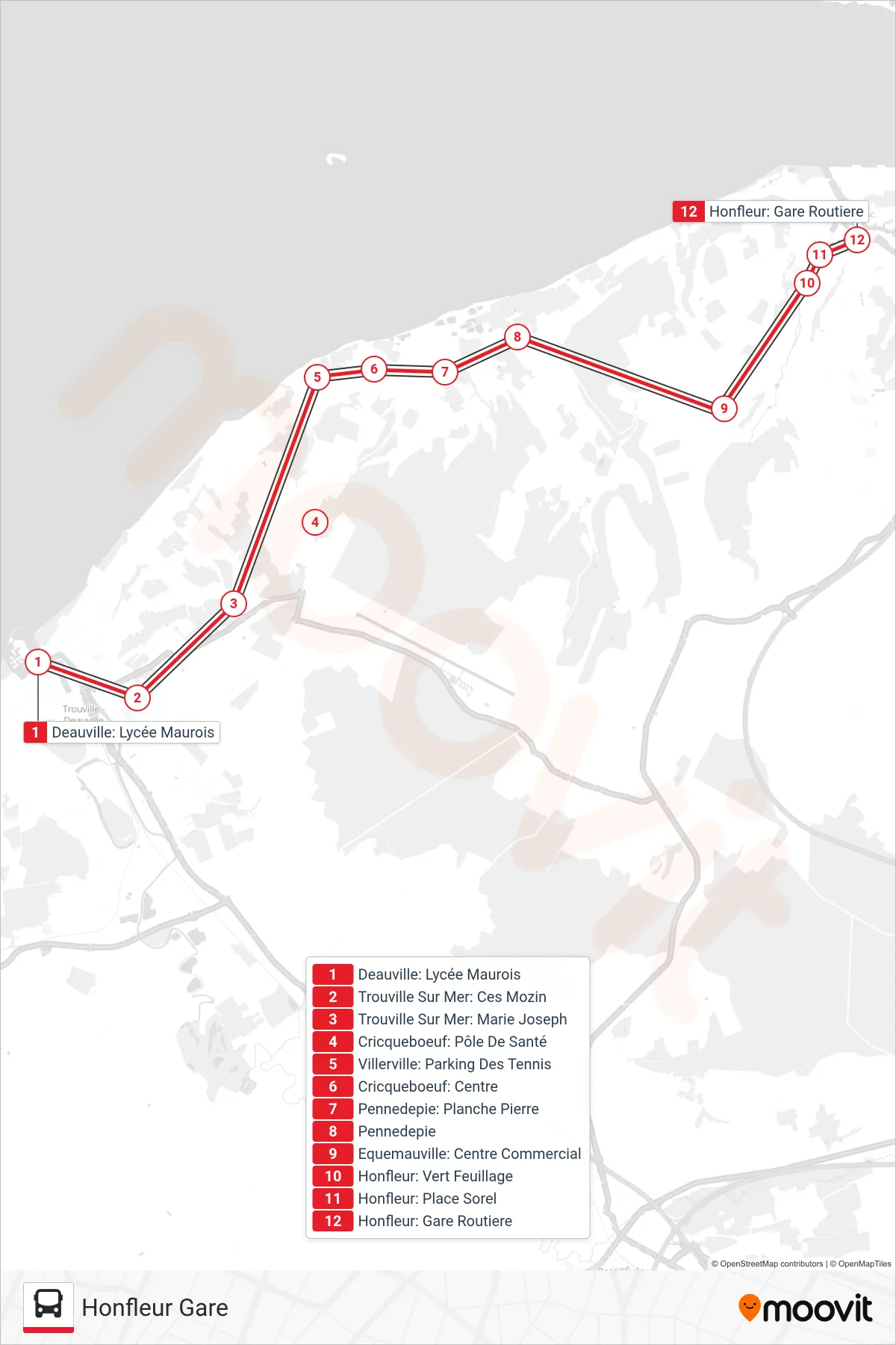 LIGNE 120 bus Line (Honfleur Gare) route and stops on a map