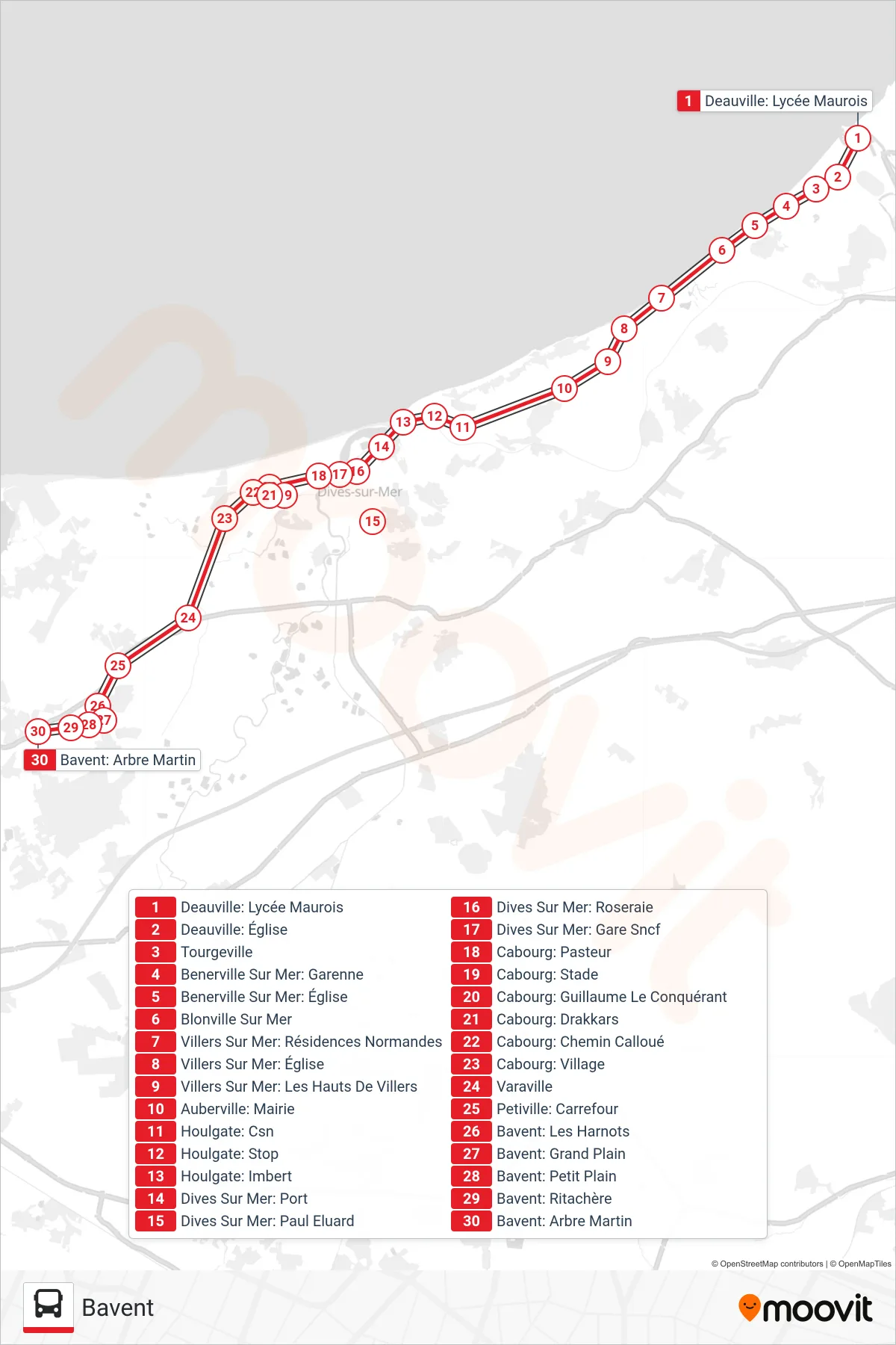 LIGNE 120 bus Line (Bavent) route and stops on a map