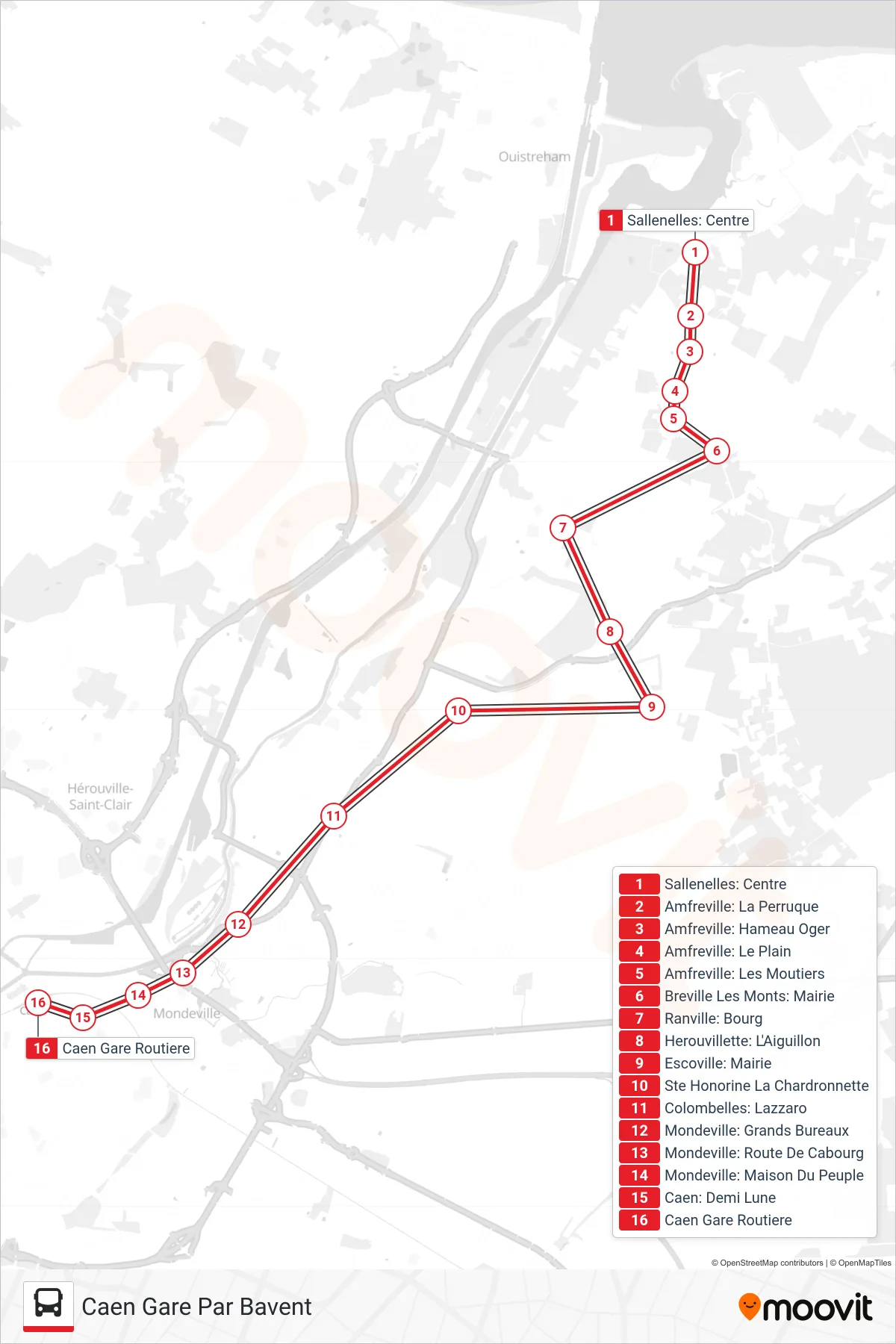 LIGNE 120 bus Line (Caen Gare Par Bavent) route and stops on a map