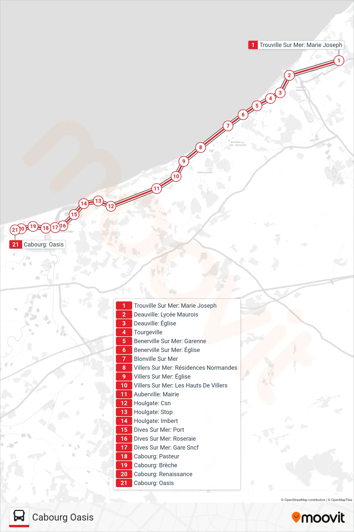 LIGNE 120 bus Line (Cabourg Oasis) route and stops on a map