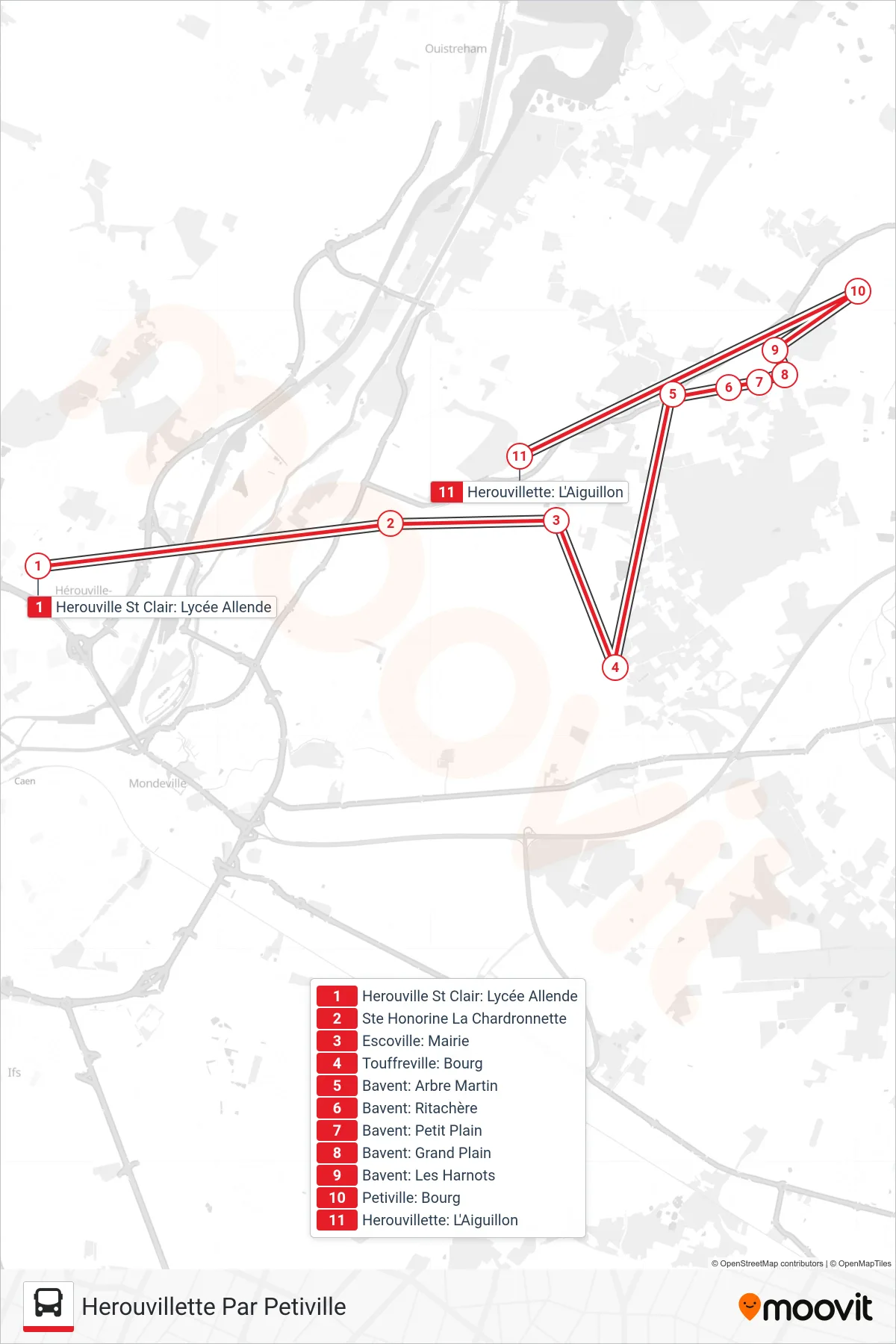 LIGNE 120 bus Line (Herouvillette Par Petiville) route and stops on a map