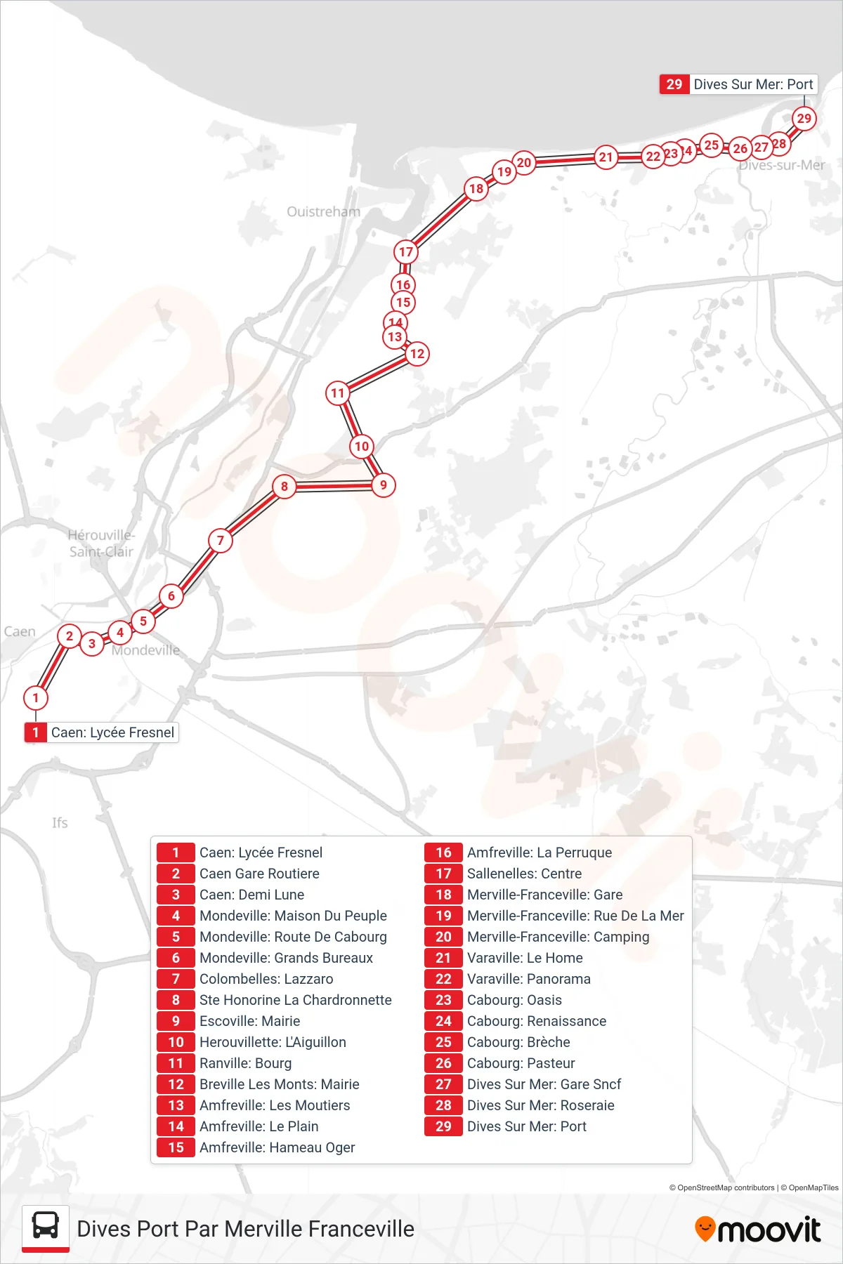 LIGNE 120 bus Line (Dives Port Par Merville Franceville) route and stops on a map