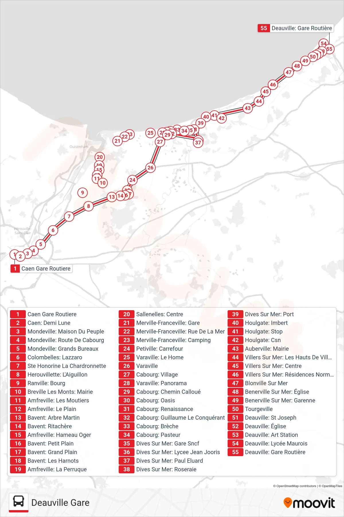LIGNE 120 bus Line (Deauville Gare) route and stops on a map