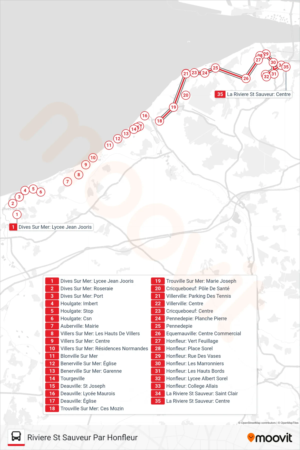 LIGNE 120 bus Line (Riviere St Sauveur Par Honfleur) route and stops on a map