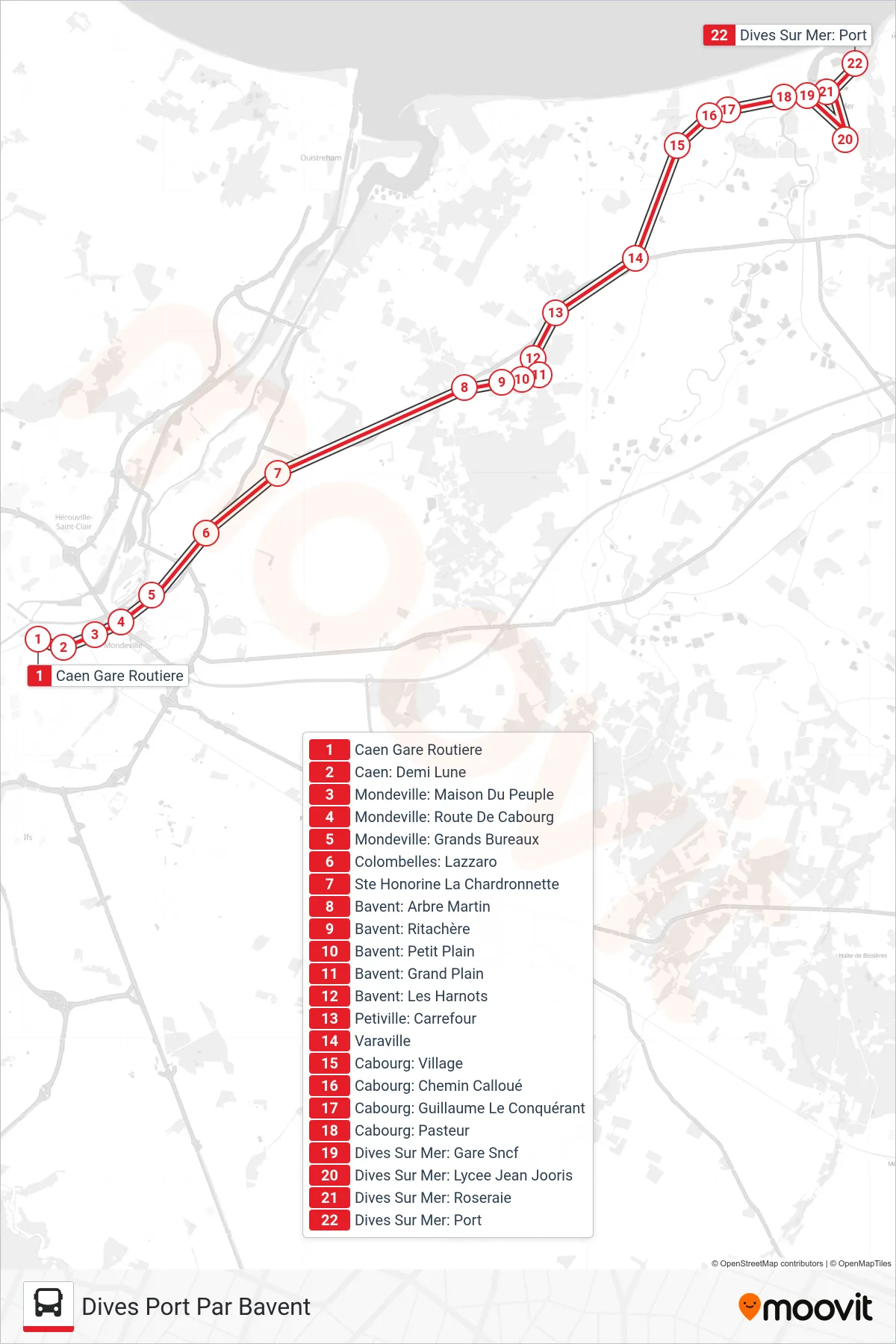 LIGNE 120 bus Line (Dives Port Par Bavent) route and stops on a map