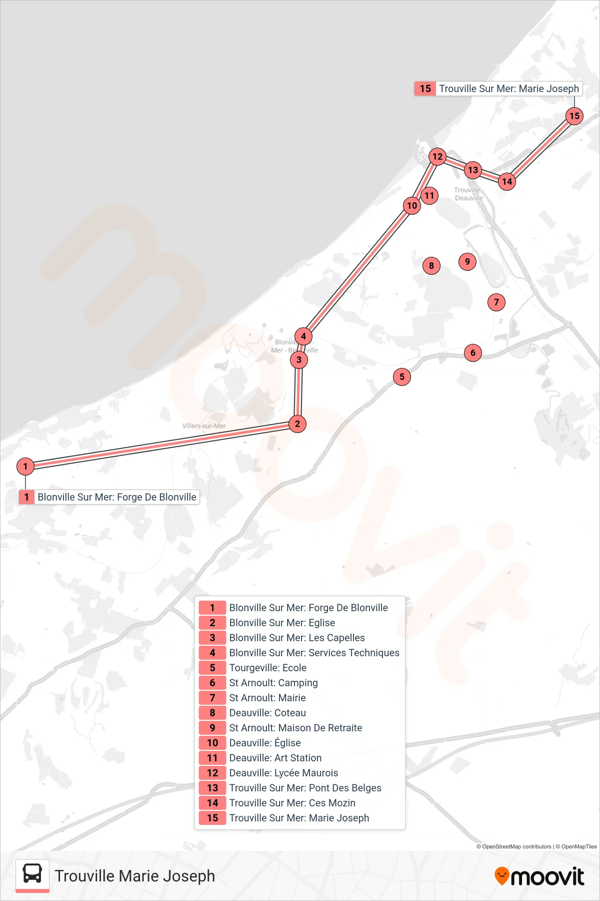 Tracé et arrêts de la ligne LIGNE 121 de bus (Trouville Marie Joseph) sur une carte