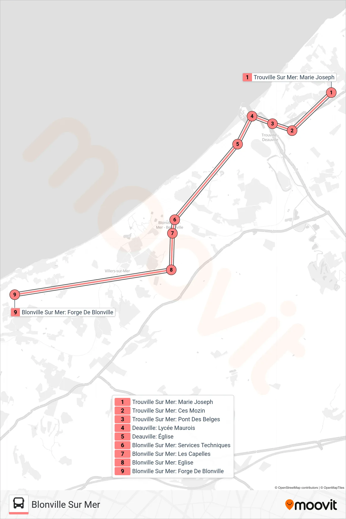 LIGNE 121 bus Line (Blonville Sur Mer) route and stops on a map