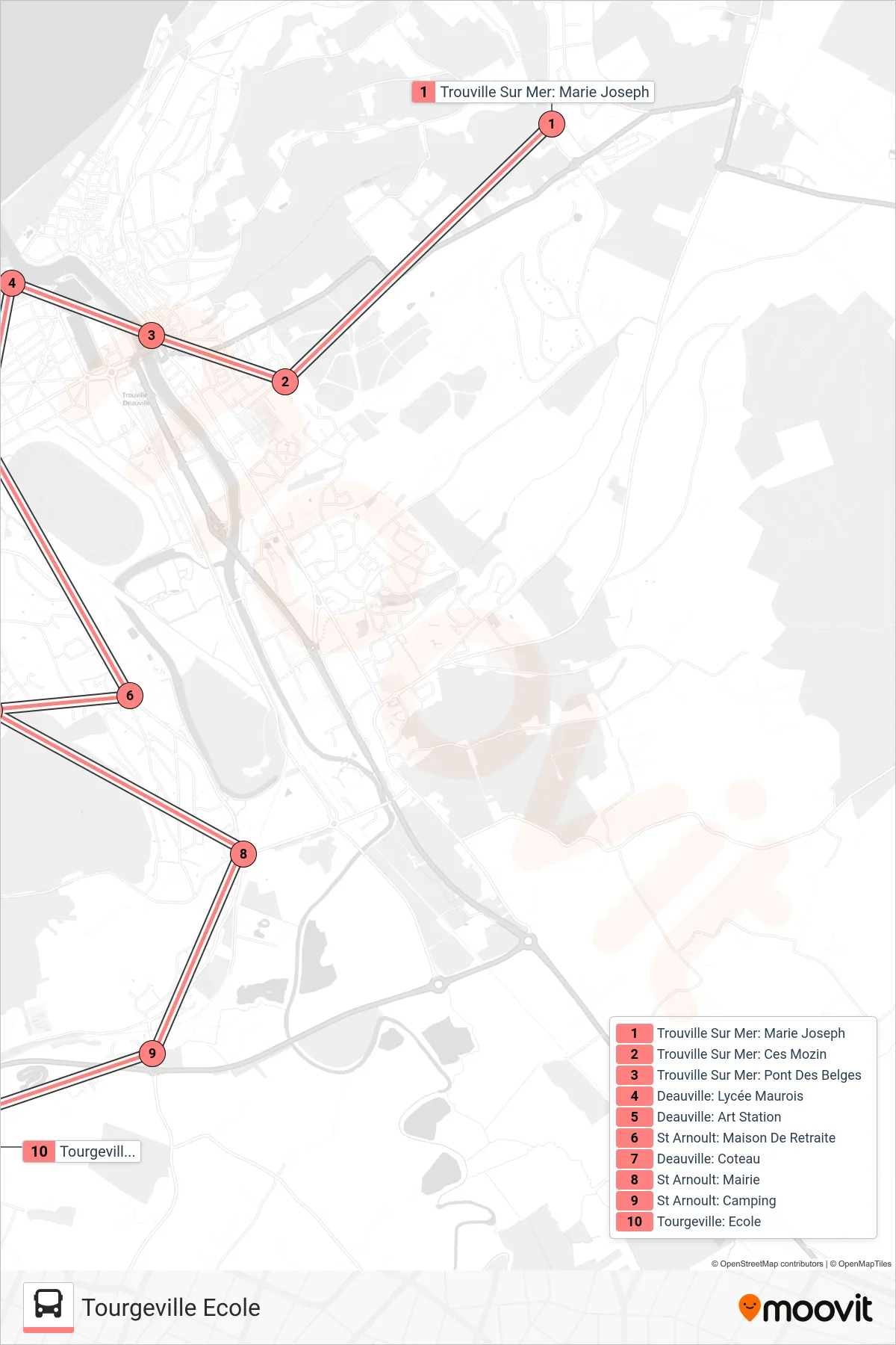 LIGNE 121 bus Line (Tourgeville Ecole) route and stops on a map