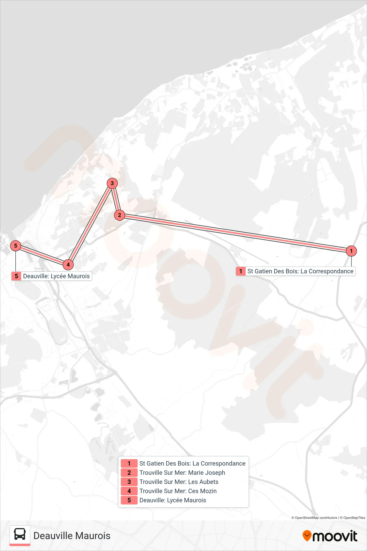 Tracé et arrêts de la ligne LIGNE 122 de bus (Deauville Maurois) sur une carte